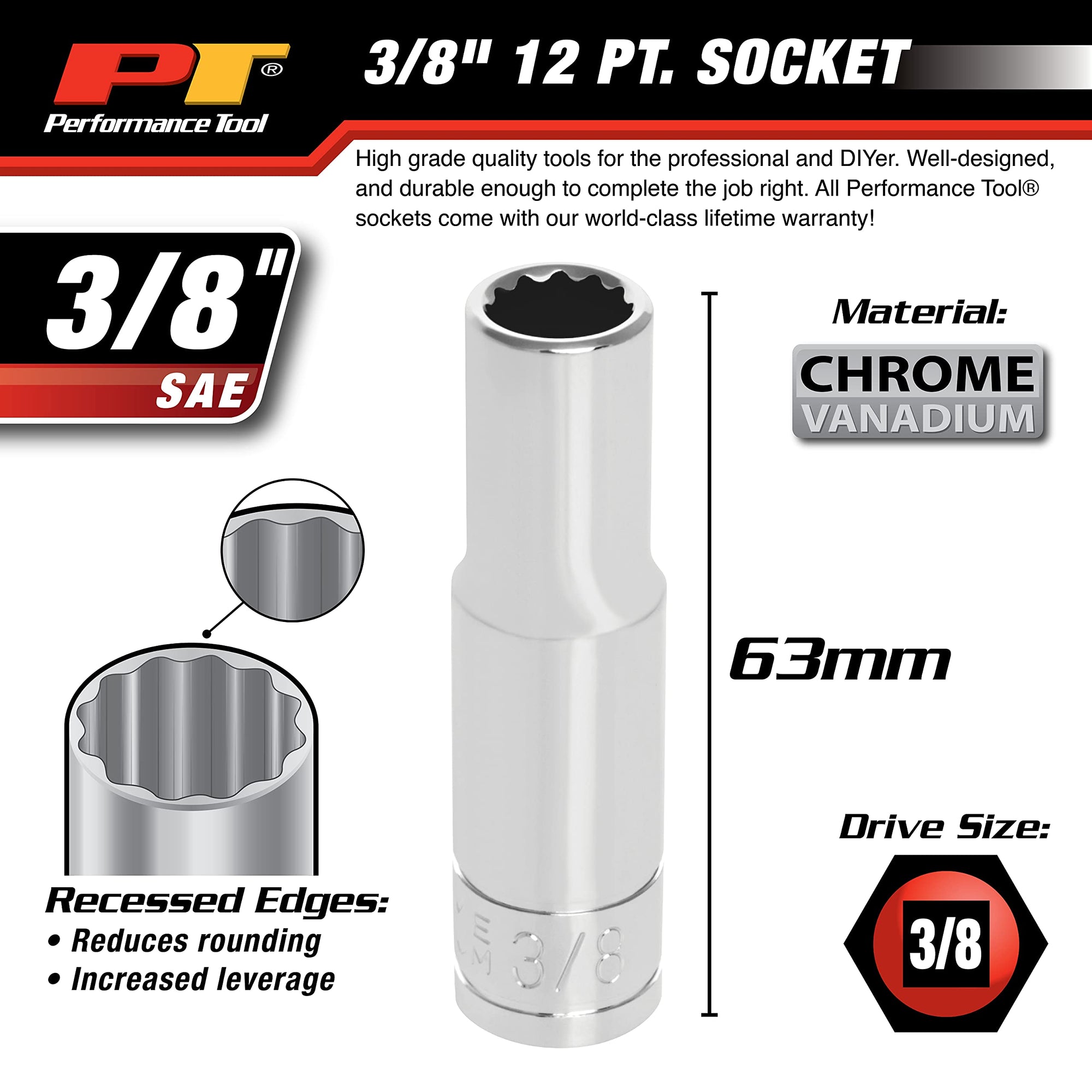 W38612 Performance Tool 12-Point Socket, 3/8-Inch Drive, 3/8