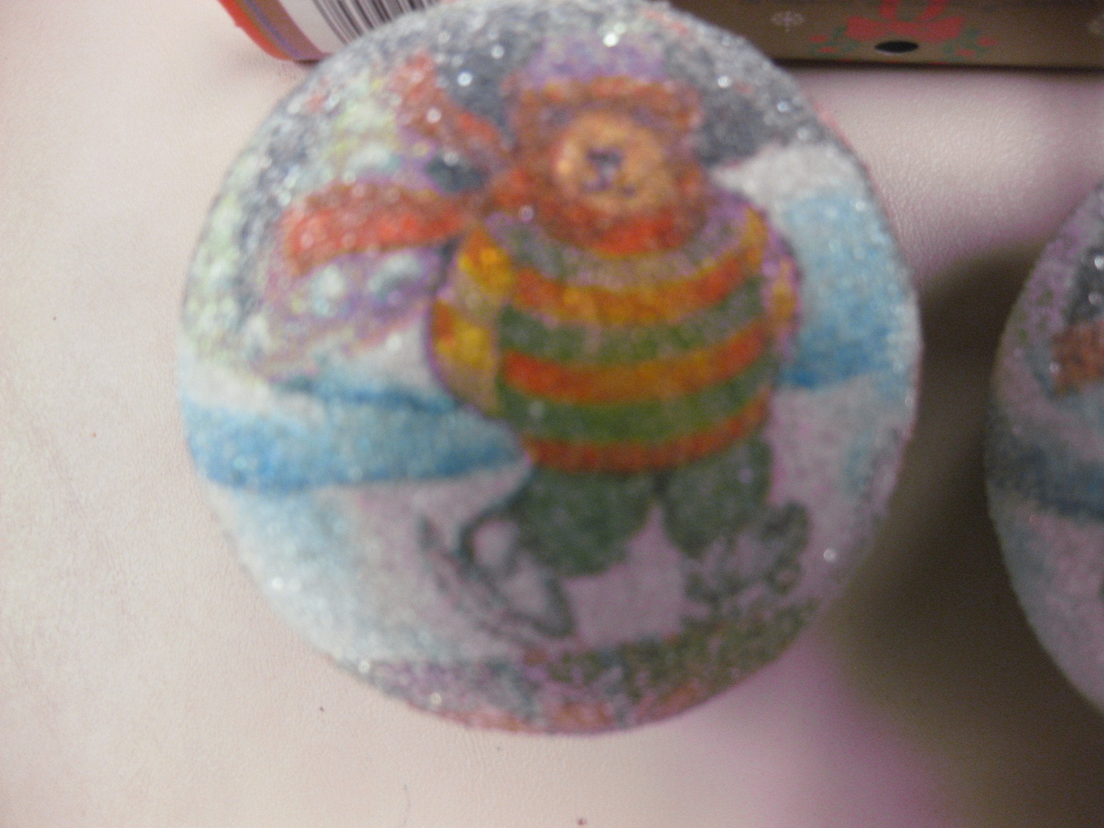 Frosted Plastic Beaded Ball Ornament With Winter Festive Holiday Scene