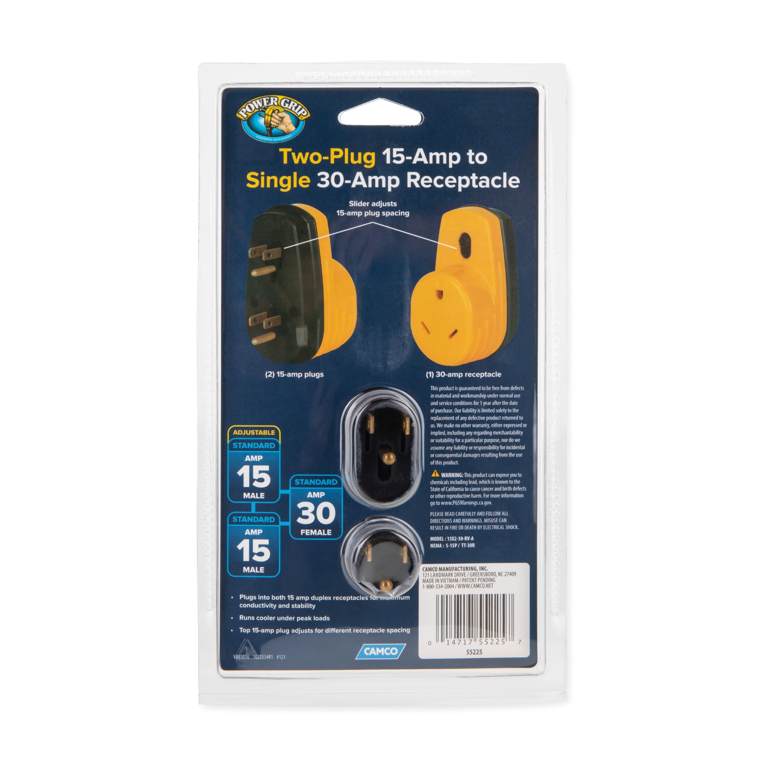 Camco RV PowerGrip Two-Plug 15-Amp to Single 30-Amp Adapter |125 V/1875 W (55225), Yellow