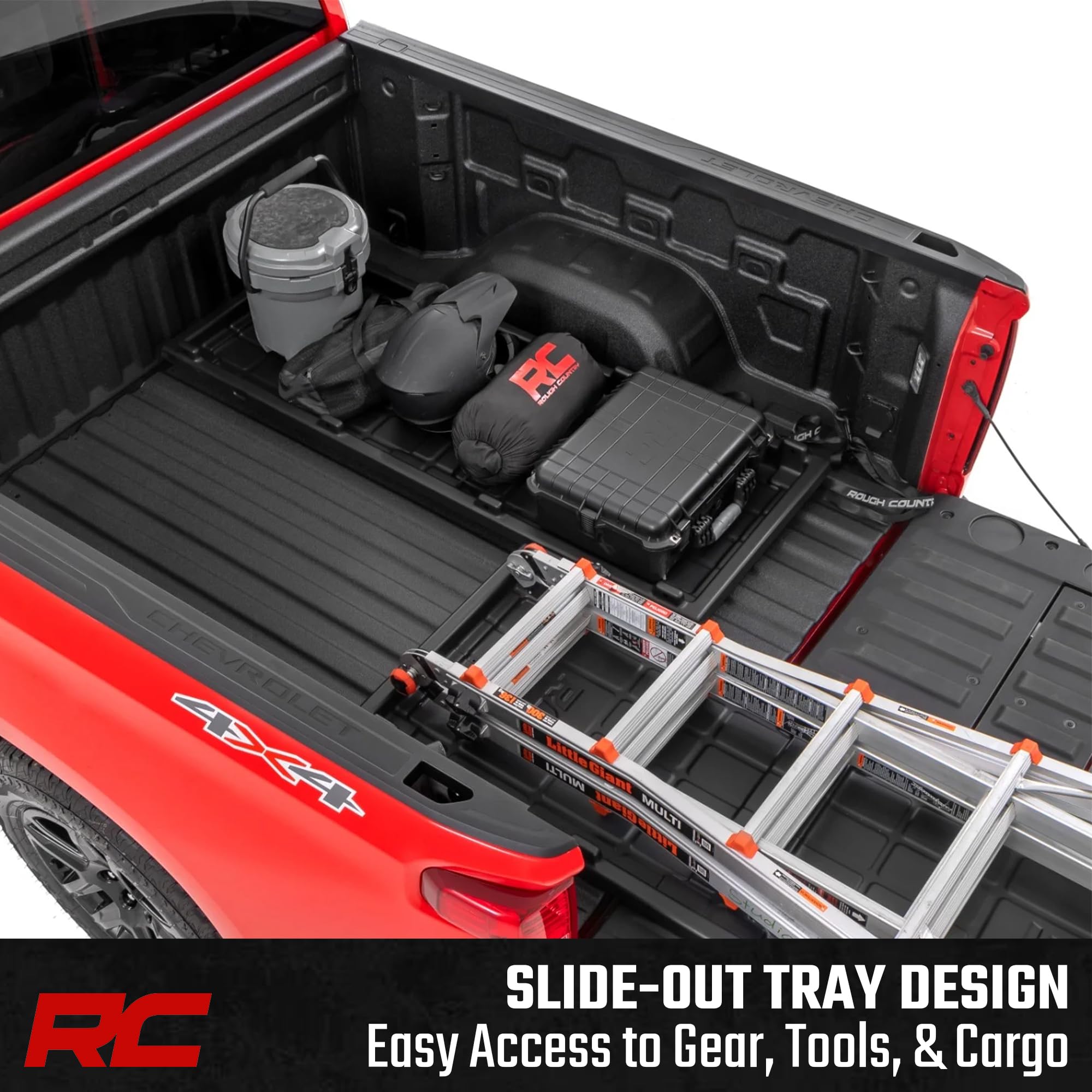 Rough Country Truck Bed Cargo Slide-Out Tray - Long Bed Organizer for 5'7"+ Beds, Heavy-Duty Polyethylene, UV-Protected, Easy Tailgate Access
