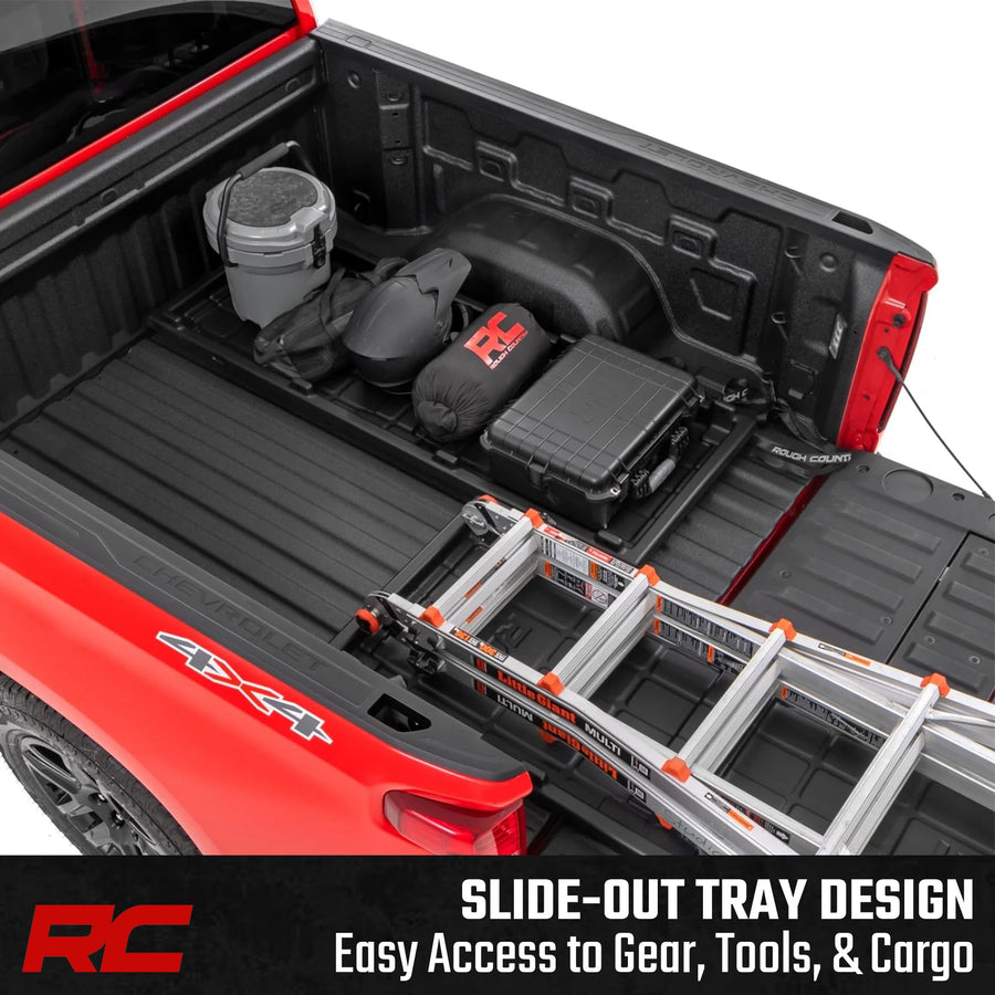 Rough Country Truck Bed Cargo Slide-Out Tray - Long Bed Organizer for 5'7"+ Beds, Heavy-Duty Polyethylene, UV-Protected, Easy Tailgate Access