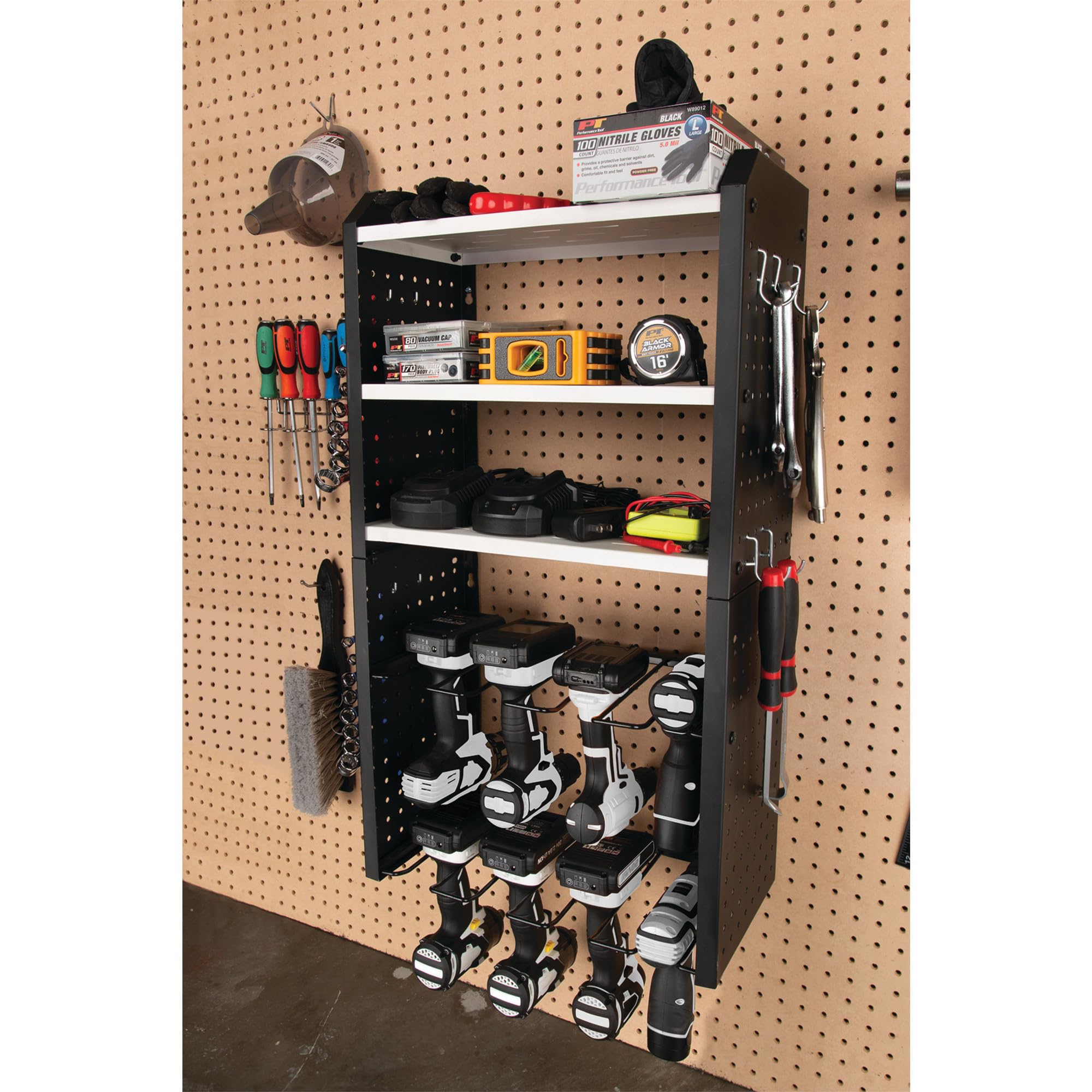 W7704 Performance Tool 17-in Five Level Power Tool Storage Rack: 200 lb Limit, 9-Gauge Solid Steel Frame, Baked on Powder Coat Finish with 1/4-in Peg Holes, For Garage/Home, Black/White