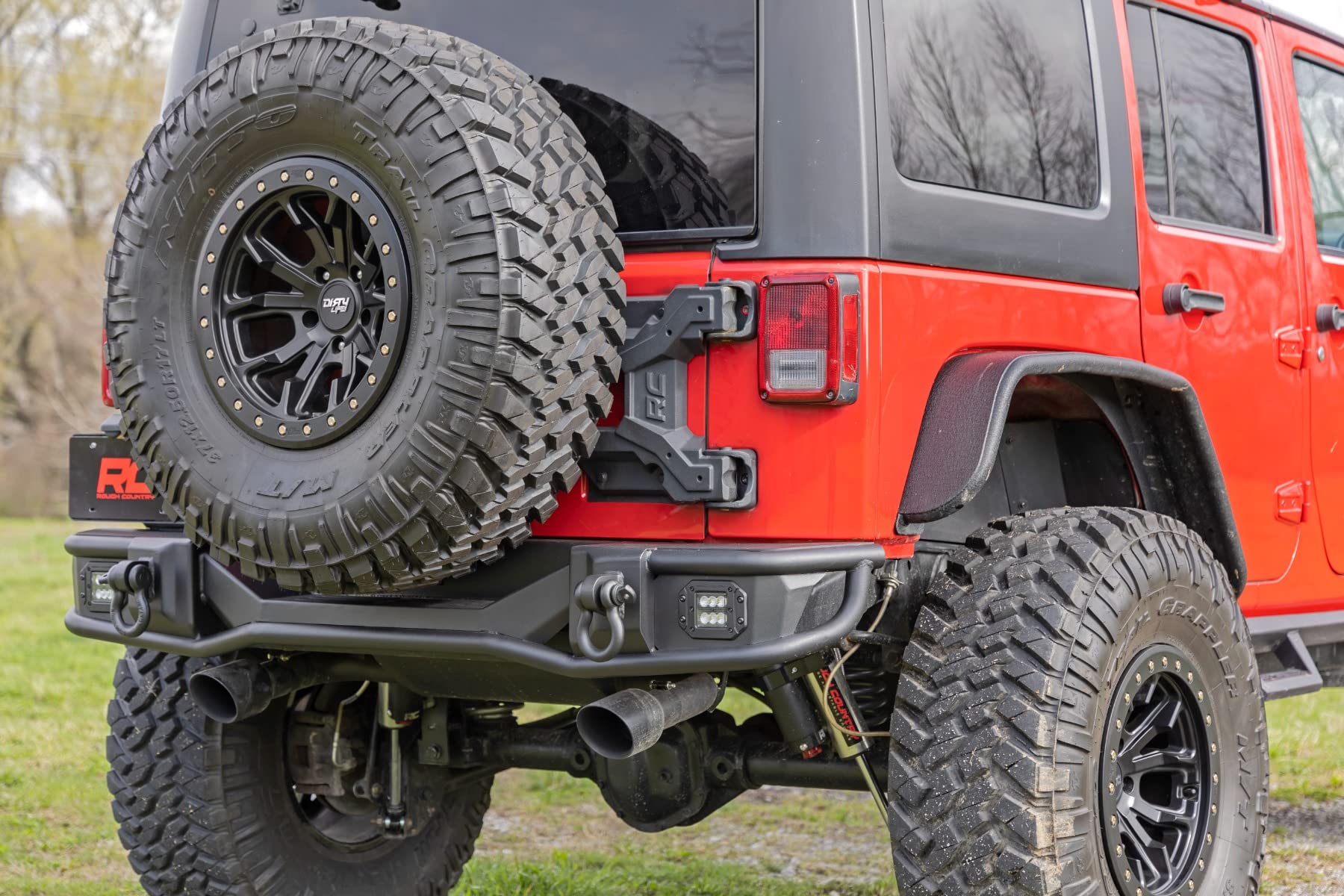 Rough Country Rear Tubular Bumper with LED Lights for Jeep Wrangler JK & Unlimited (2007-2018) - Includes Dual 2" Flush Mount LED Cubes, D-Rings