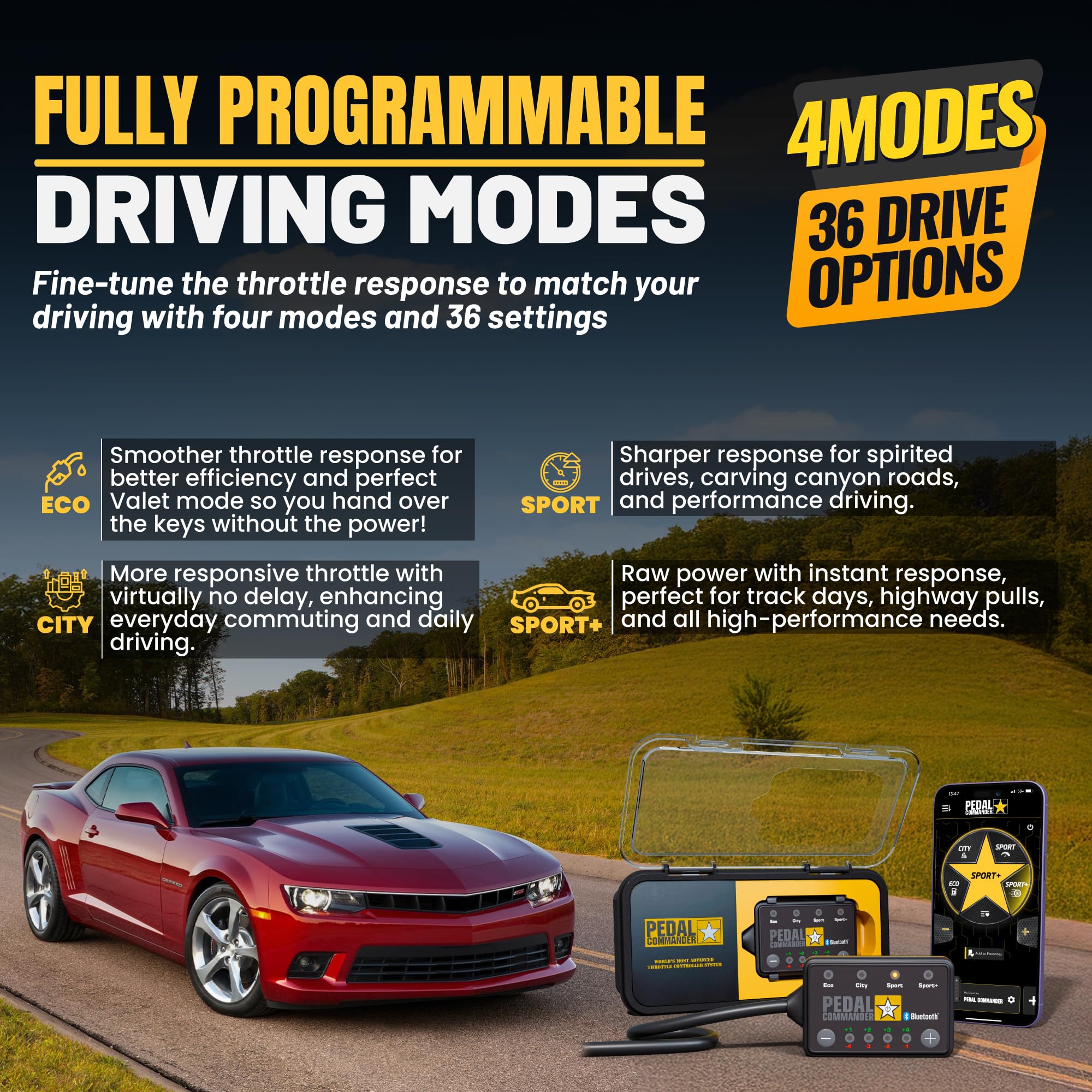 Throttle Response Controller PEDAL COMMANDER Compatible with Chevrolet Camaro 2010-2015, Plug-and-Play, 4 Modes 36 Sensitivity Levels, App Control Anti-Theft, Performance Upgrade, Camaro Accessories
