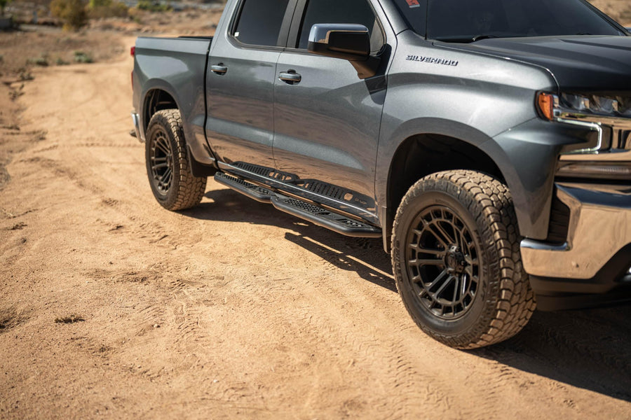 DV8 Offroad OE Plus Side Steps for 2019-2024 Chevy Silverado 1500 & GMC Sierra 1500 Crew Cab | Anti-Slip Design | Provides Protection from Light Trail Debris | Low-Profile Fitment | Powder Coated