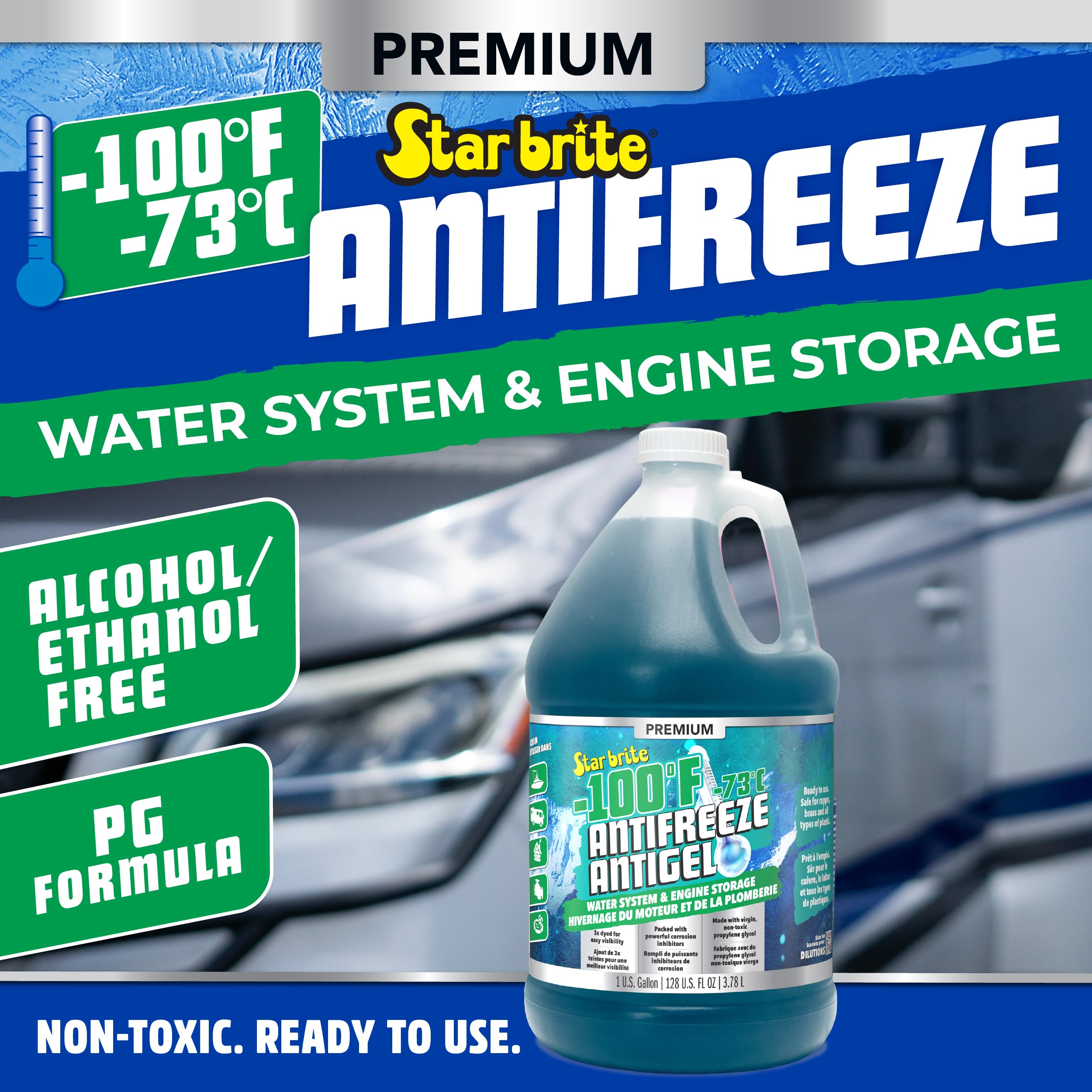 Premium STAR BRITE -100°F Non-Toxic Antifreeze for RVs, Boats & Water Systems, Propylene Glycol Formula, Corrosion Protection, Ready-to-Use Winterizing Fluid