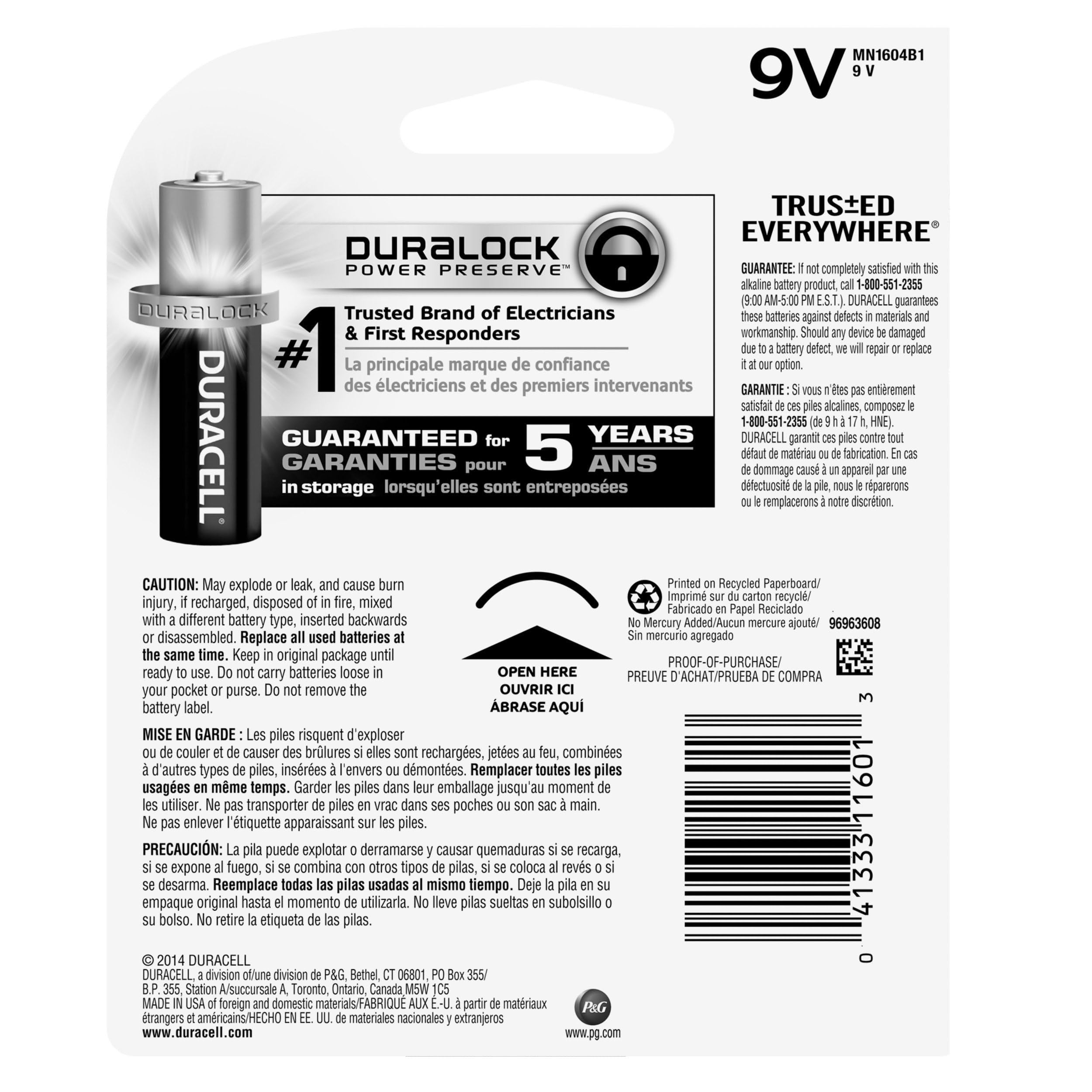 9V Duracell Alkaline Battery, 1 Count
