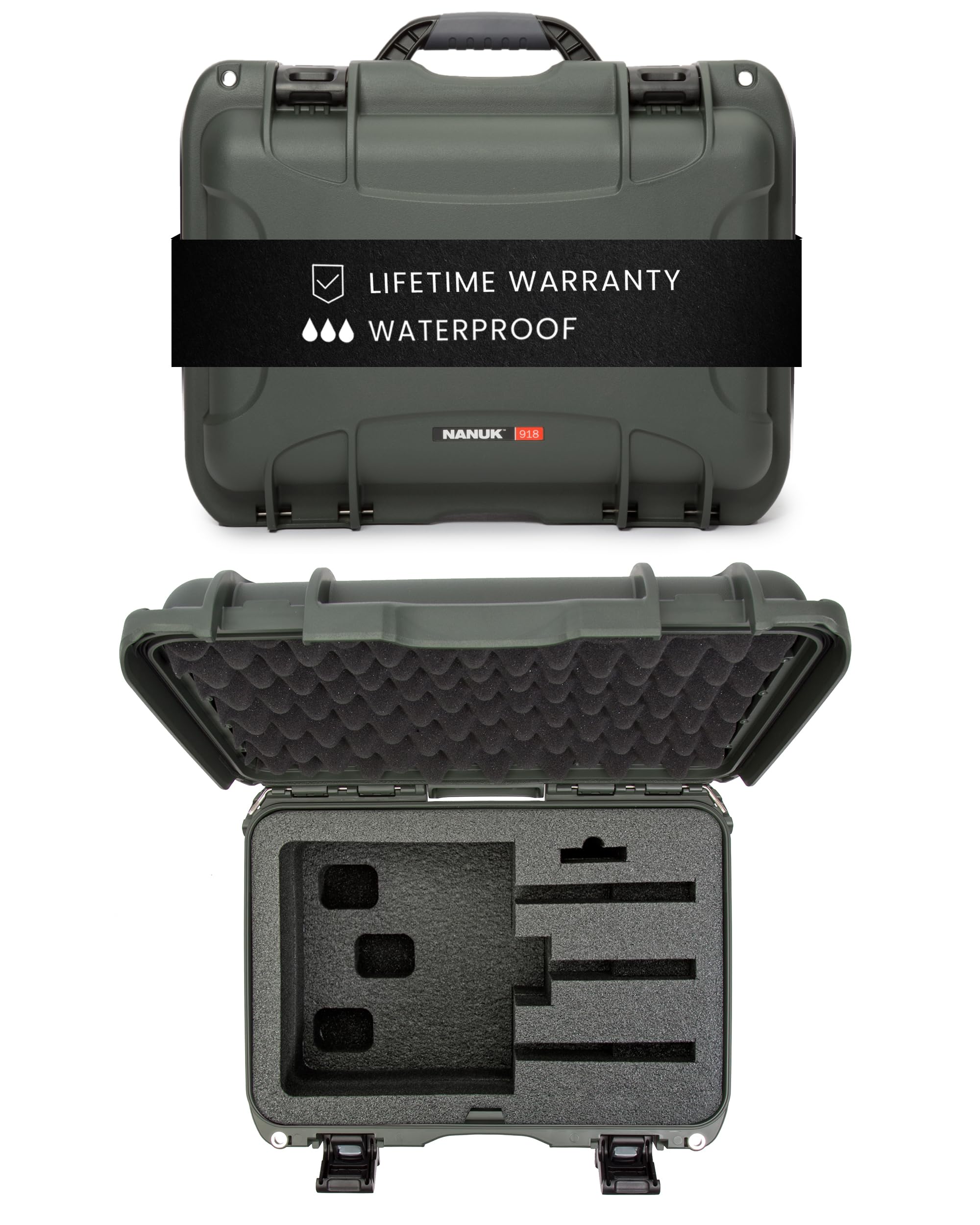 NANUK 918 Hard Case with Custom Foam Insert 3 UP, IP67 Waterproof & Crushproof, Rugged Construction for Ultimate Protection, Made in North America – Olive (16.9” x 12.9” x 9.3”)