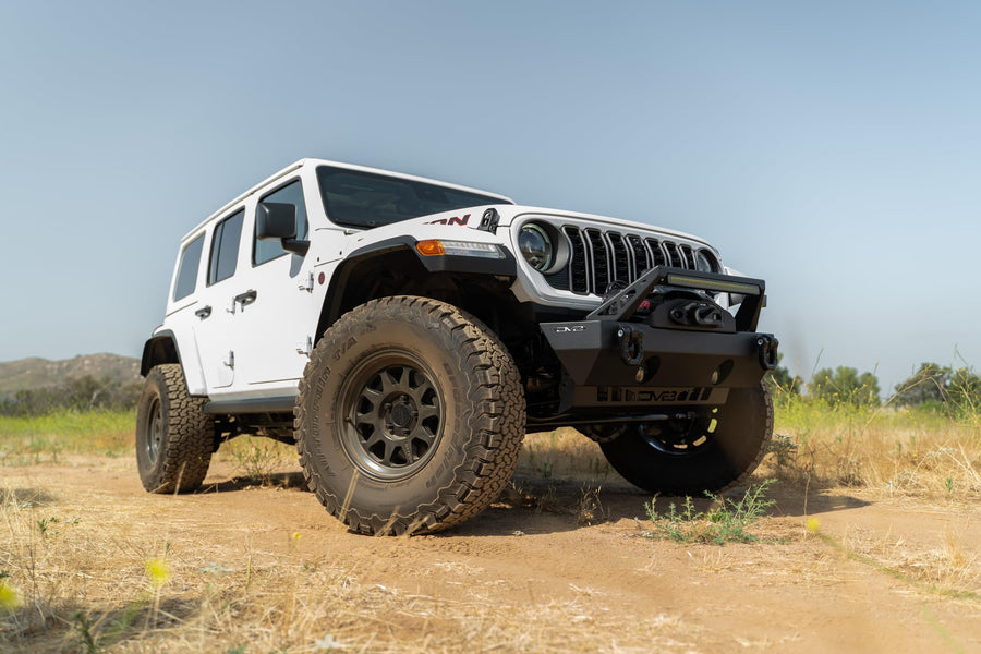 DV8 Offroad FS-25 Front Stubby Bumper for the 2007-2025 Jeep Wrangler JL/JK & Gladiator JT | Plated Bolt-On Bull Bar | Fog Light Mounts | Winch Mount Compatible With Multiple Sizes