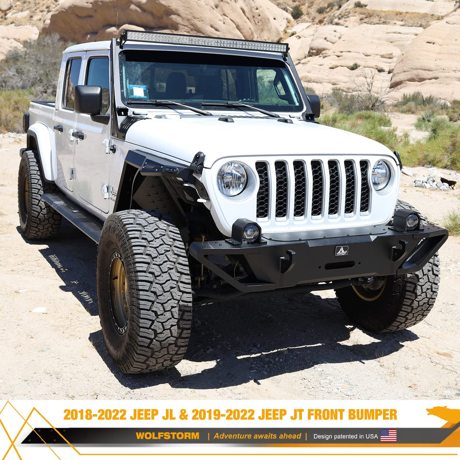 WOLFSTORM Front Bumper Fit for 2018-2026 Jeep Wrangler JL/JLU with LED Fog Light Design Include, 2019-2026 Jeep Gladiator JT Pickup Replacement Accessories