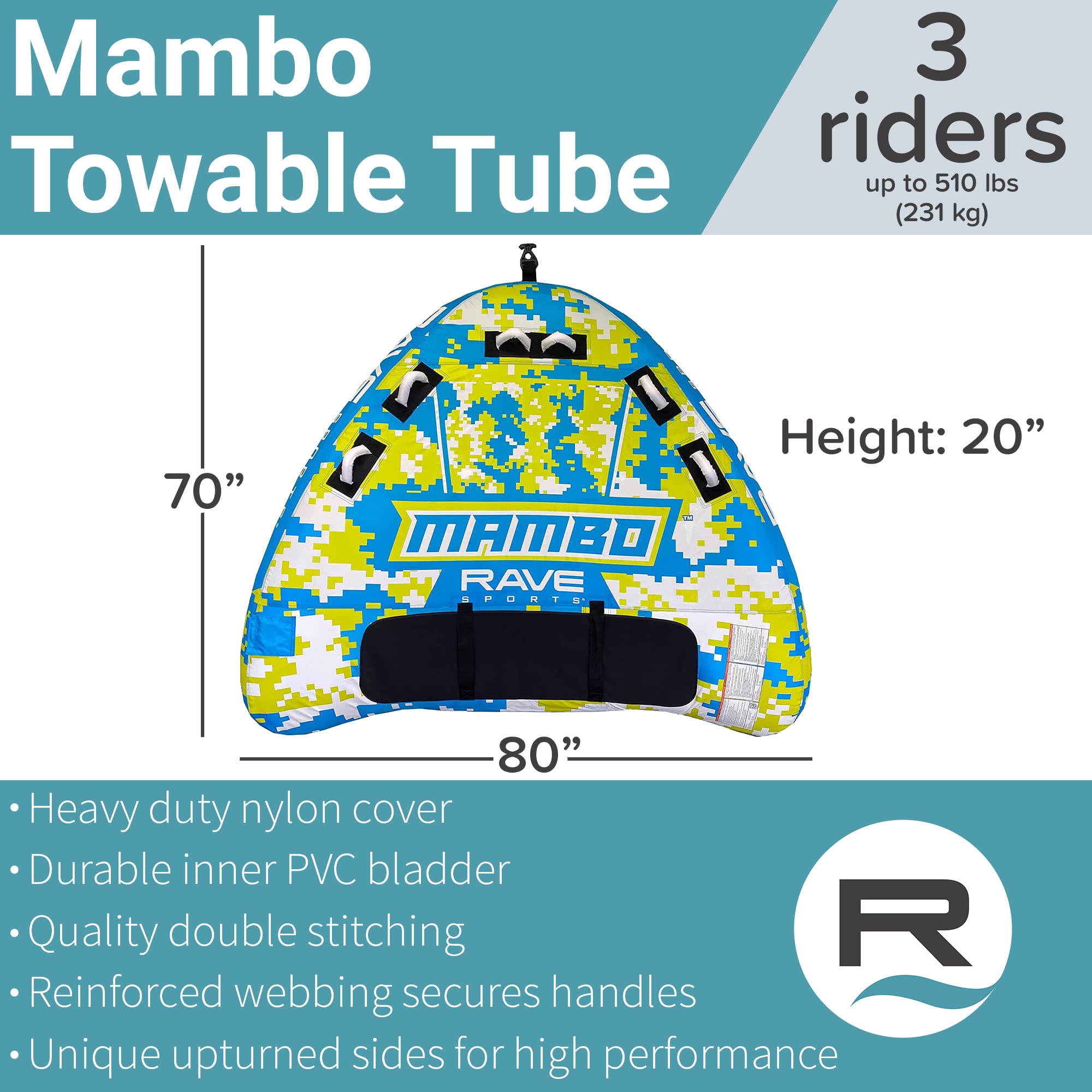 Mambo RAVE Sports Inflatable Towable Tube, 1-3 Riders, Wing Shape for Fast Rides, Durable Nylon Cover, Foam-Filled Reinforced Handles, Quick Connect Tow Point, Boat-Towables, Holds 510 lbs
