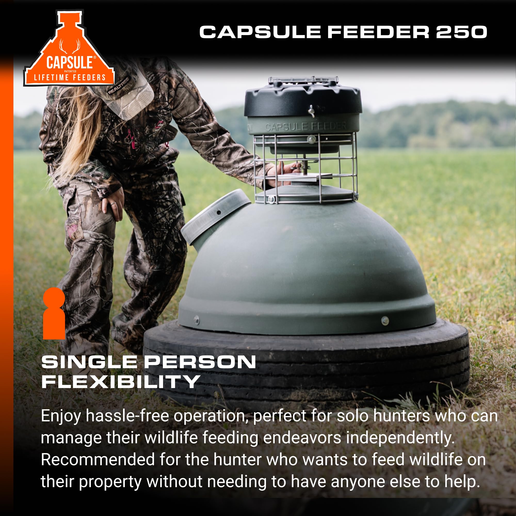 Feeder Game CAPSULE Feeder with 250LB Capacity, 360-Degree Broadcast Hunting Game