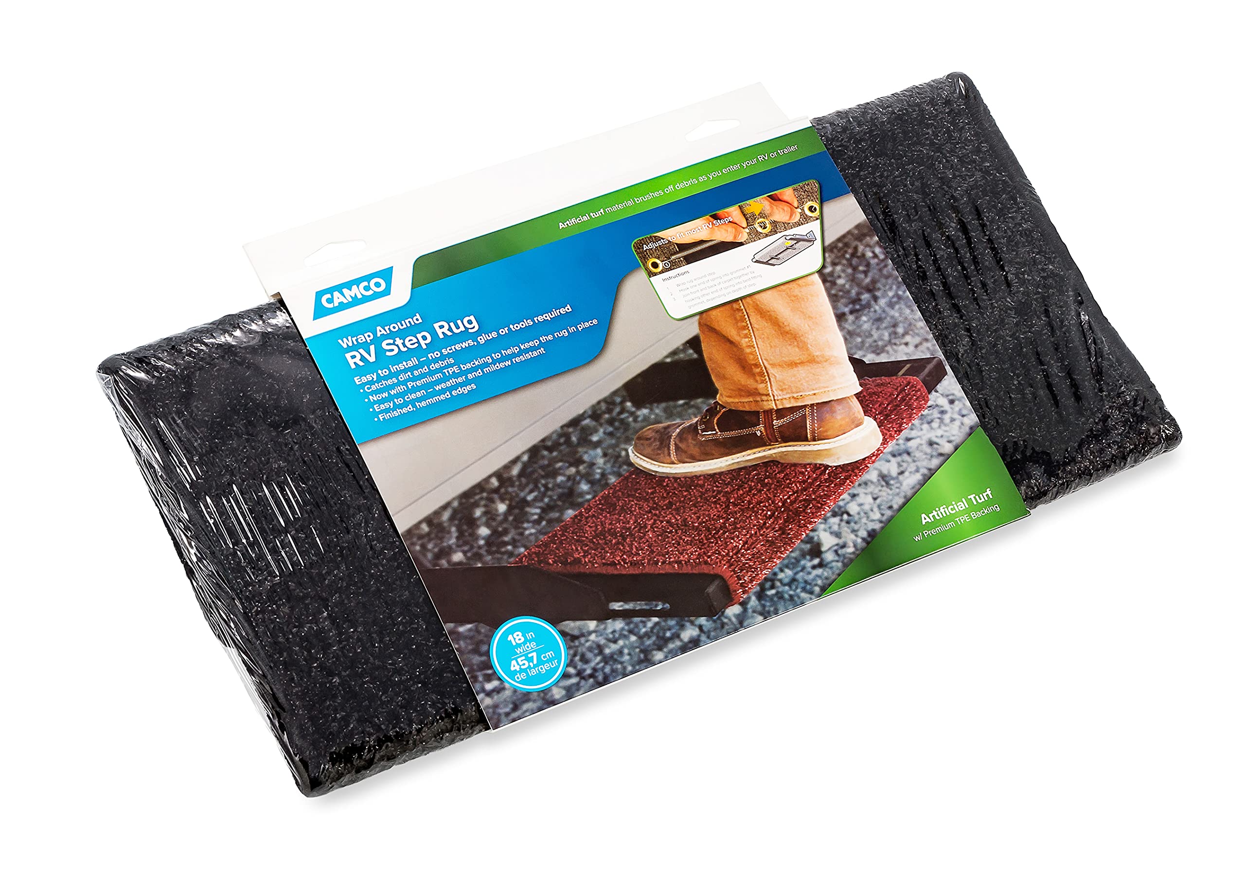 Black Camco Premium Wrap Around RV Step Rug (Turf Material (17.5" x 18"))