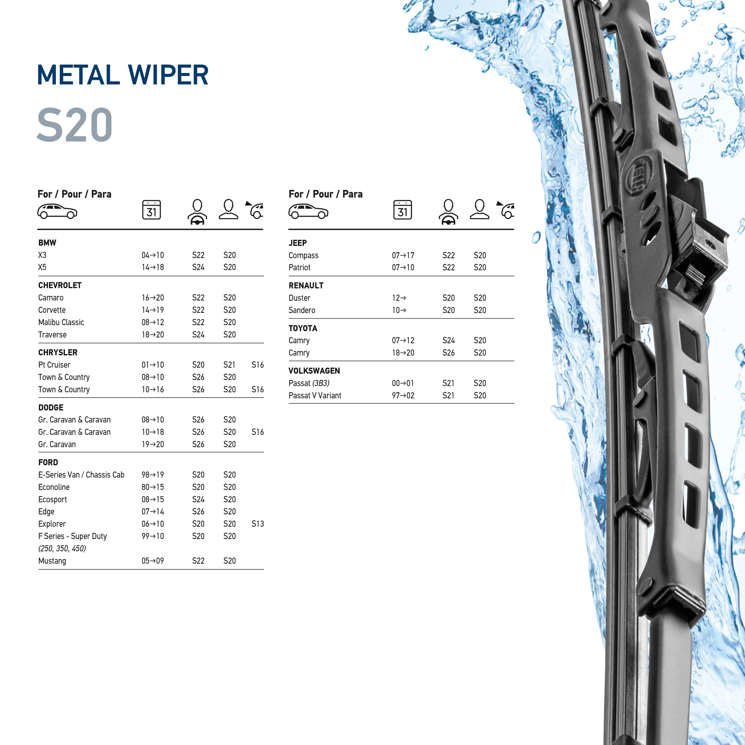 20 Inch Hella OE Quality All Seasons Streak-Free Rubber Standard Wiper Blade (Single Blade) fit select BMW Chevrolet Chrysler Dodge Ford Jeep Renault Toyota Volkswagen /9XW398114020