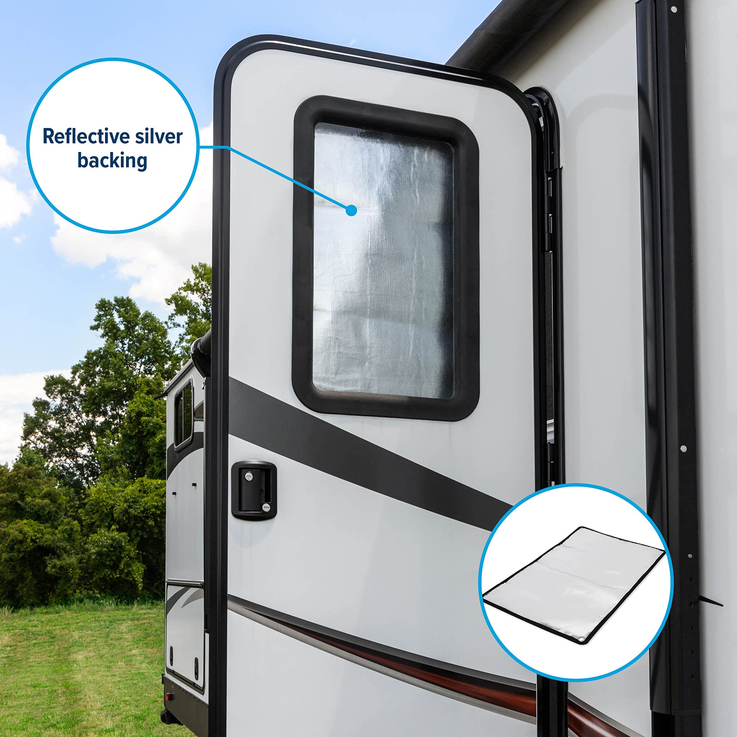 Camco RV Door Window Life is Better at The Campsite Light Blocking Shade | Helps Keep The Interior Temperature Cooler in Hot Weather | Provides Added Privacy | (53052)