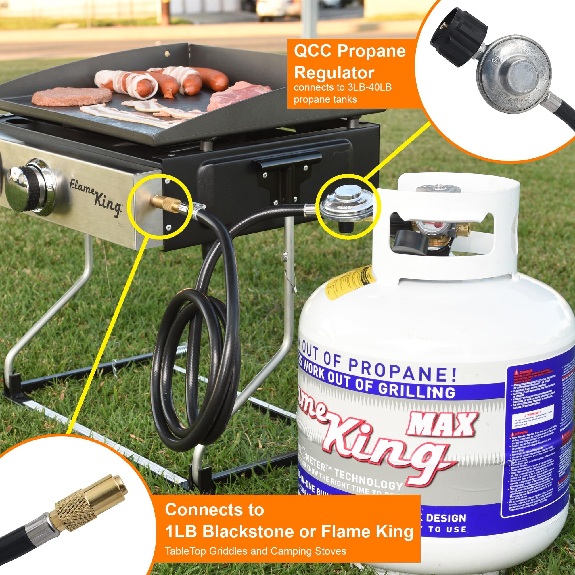 6-FT Flame King Propane Adapter Hose & Regulator for 20LB Tank for 17"/22" Blackstone Tabletop Grill Griddle, Weather Resistant & Corrosion Resistant
