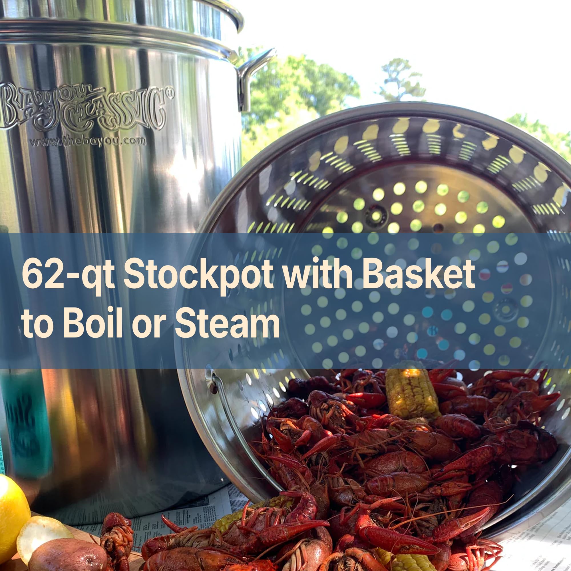 62 Quart Bayou Classic Stainless Steel Boil and Steam Cooker Kit with Lid, Basket, Single Jet, 10 PSI Regulator, 60 Inch Hose, Silver