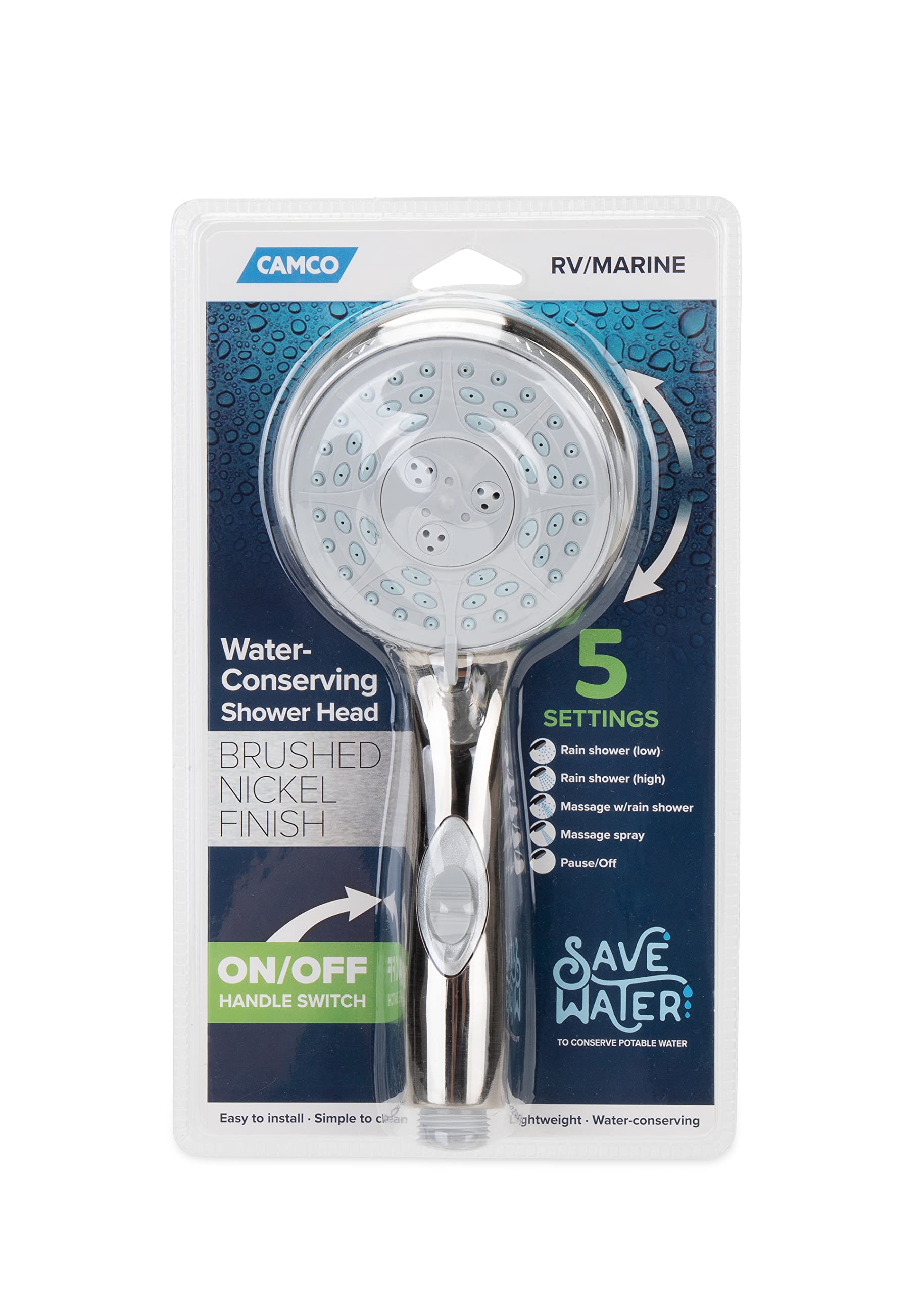 Shower Head Camco RV/Marine | Features Convenient On/Off Switch for Water Efficient Showers | 5 Spray Patterns | Brushed Nickel (43746)