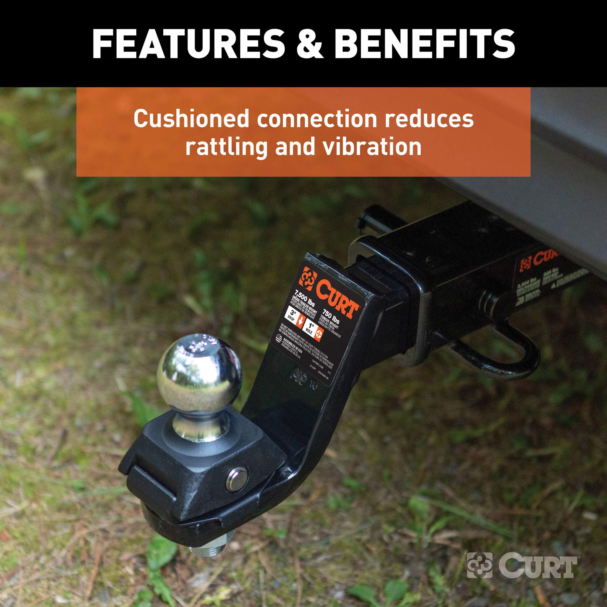 CURT RockerBall 45143 Cushion Hitch Ball Mount, 7,500 lbs 2-Inch Diameter, 2-in Shank, 3" Drop, Anti-Rattle Pin