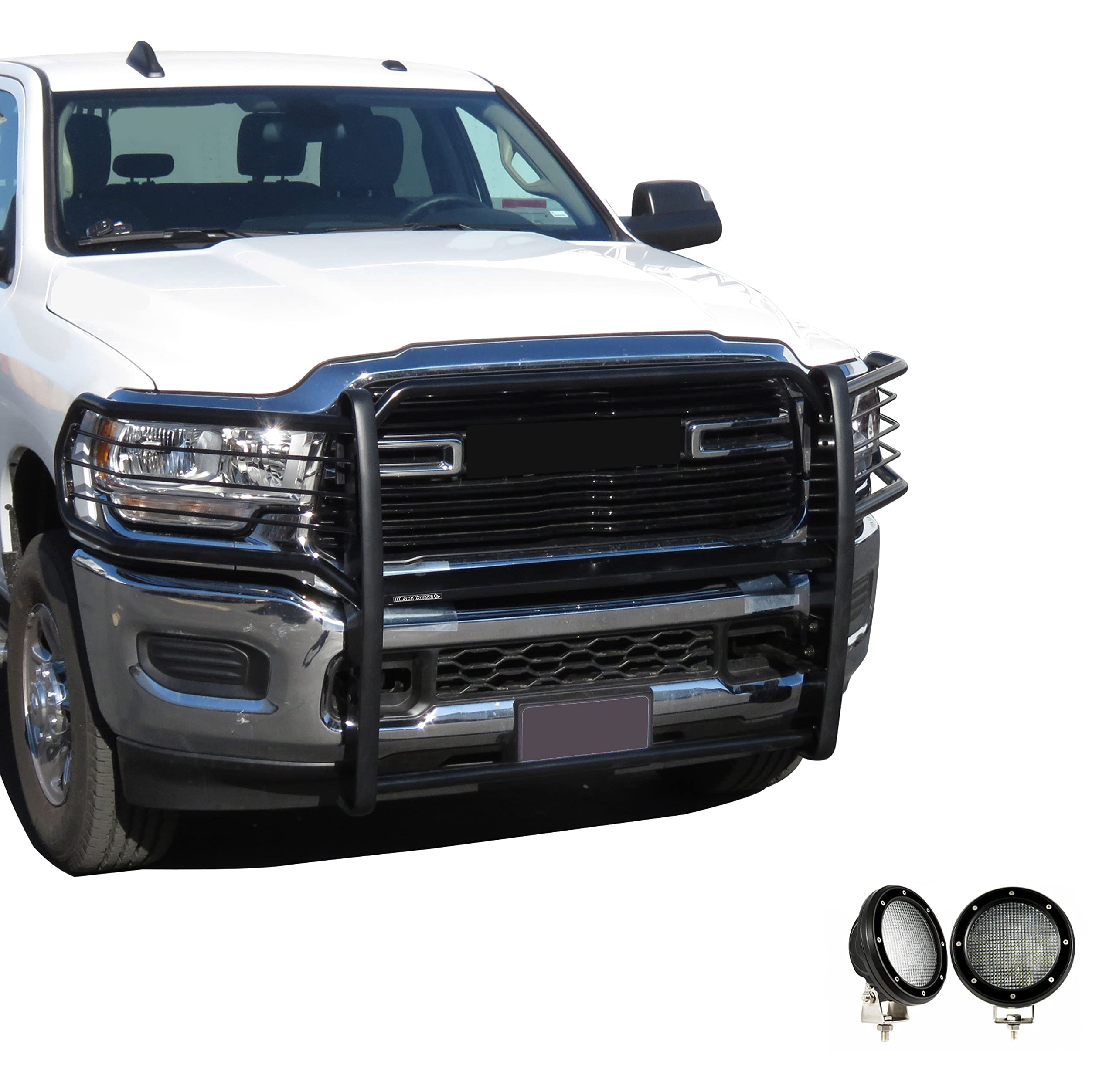 Bumper Guard Modular Black Horse Grille brush Come with Pair of 5.3" Dia.LED Lights with Black Trim Rings Compatible with 2019-2024 Ram 2500|2019-2024 Ram 3500-17DG113MA-PLFB