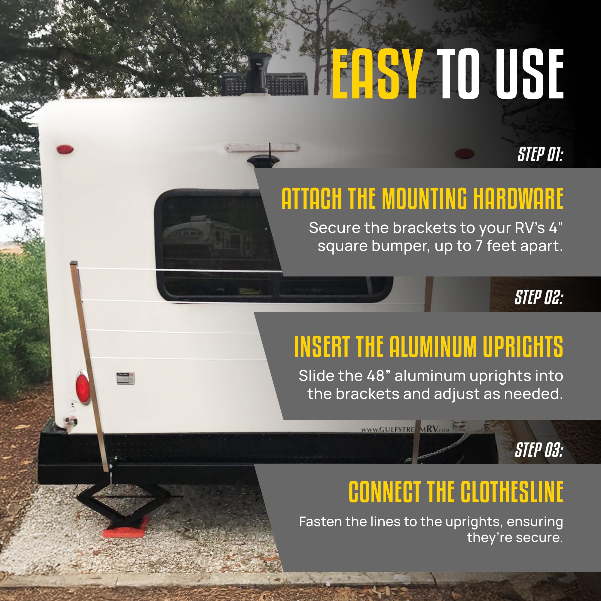 Stromberg Carlson Bumper Mounted CL-100 Clothesline - 48" aluminum foldable travel drying rack for RV Bumper, camper, and outdoor use; 84" hanging space, ideal RV clothesline and camping laundry rack.