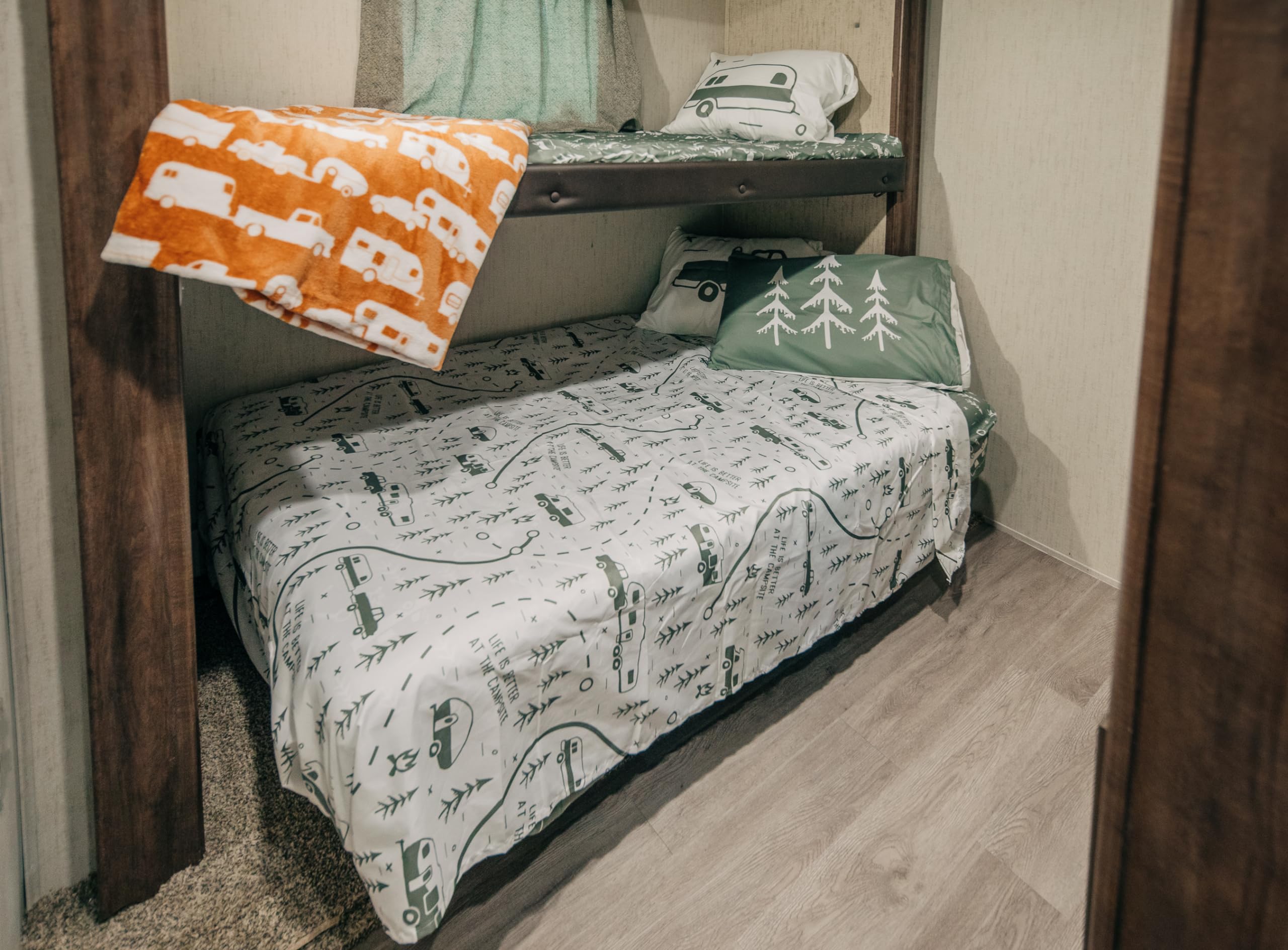 Camco Bunk Sized Bed Sheets at The Campsite Life is Better Camper/RV | Features Green & White Map Design | Crafted of Soft Machine Washable Polyester | 3-Piece Set (53477)