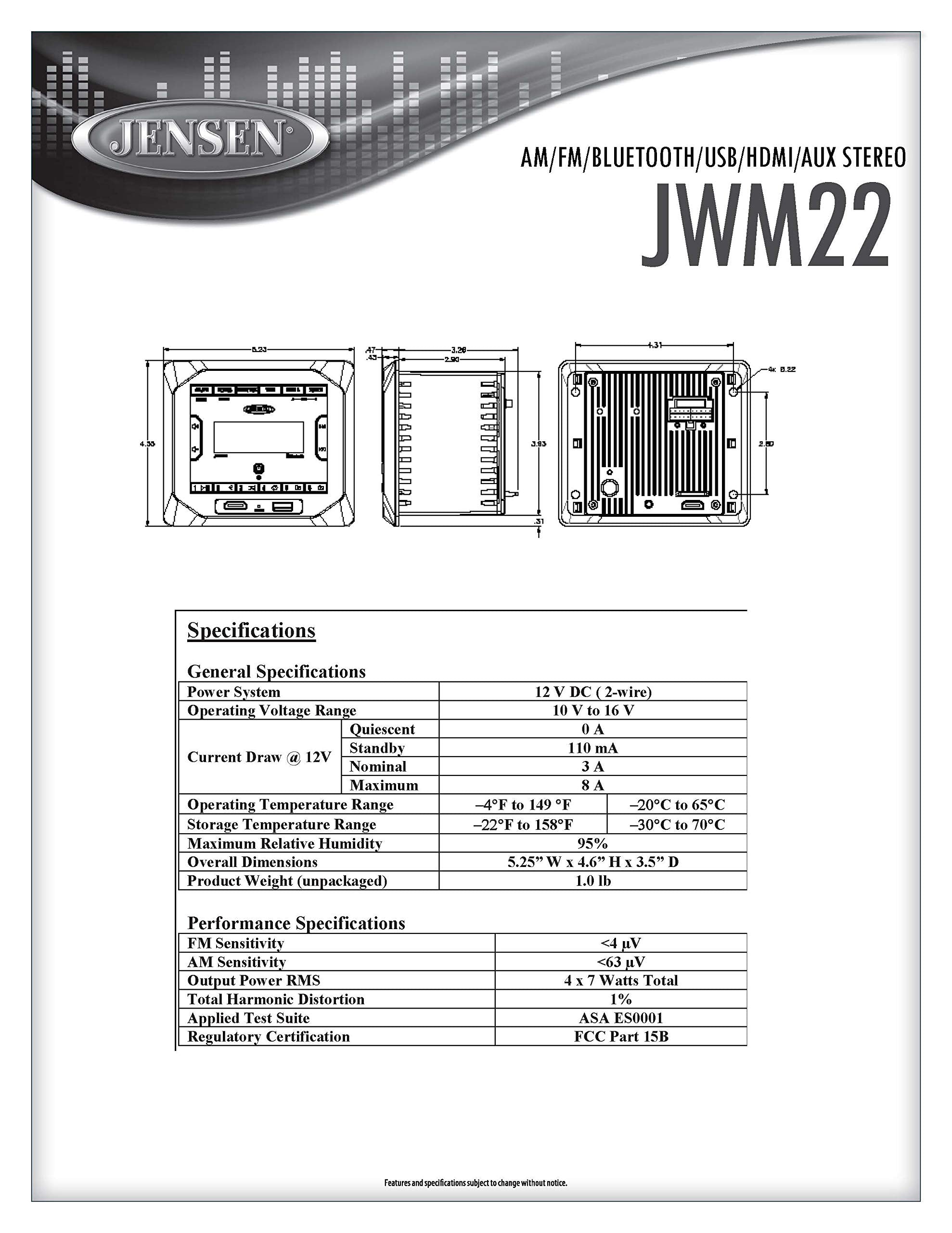 Jensen 2-Speaker JWM22 Zones AM/FM|BT|HDMI|AUX Cube Wall Mount Stereo, Speaker Output 4X 6 Watt, 30 Station Presets (18FM/12AM), Receives Bluetooth Audio (A2DP) and Controls (AVRCP) from Devices
