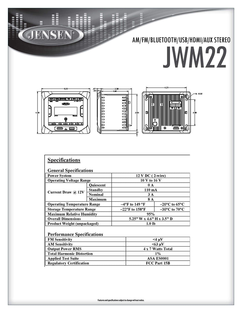 Jensen 2-Speaker JWM22 Zones AM/FM|BT|HDMI|AUX Cube Wall Mount Stereo, Speaker Output 4X 6 Watt, 30 Station Presets (18FM/12AM), Receives Bluetooth Audio (A2DP) and Controls (AVRCP) from Devices