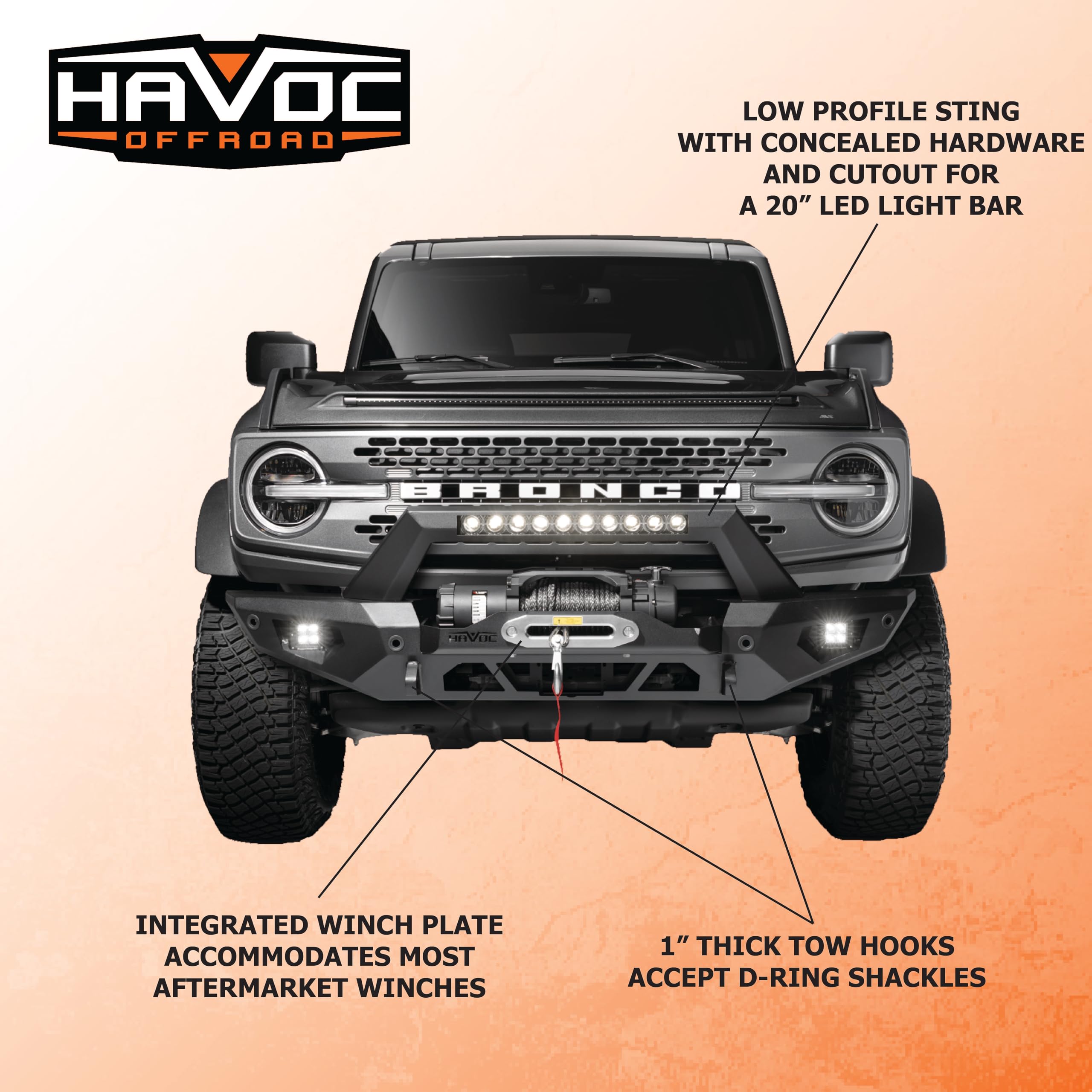 Steel Bender HAVOC OFFROAD Front Bumper for Ford Bronco | Winch Ready, Stinger, Integrated Lift Points, Black | HFB-02-003 | 2021-2025 Ford Bronco (Will not fit Sport Model)