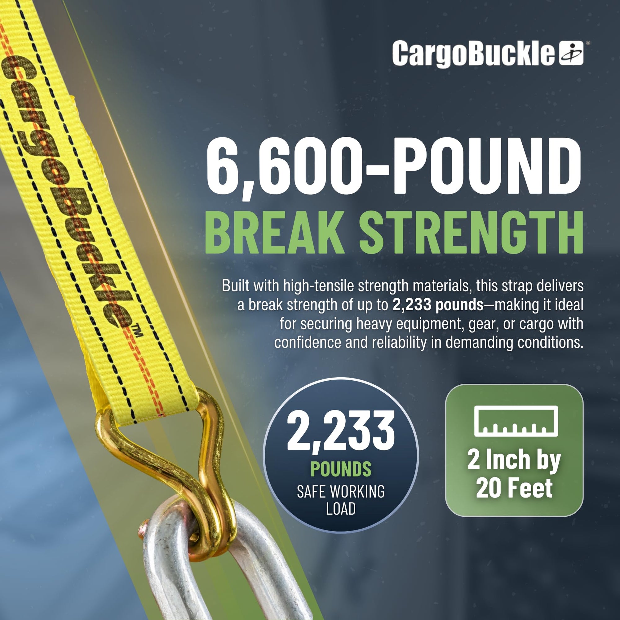 Retractable CargoBuckle Ratchet Straps 2” x 20’ with Double J-Hooks – Heavy Duty Tie Down Straps for Trailer, Truck, Cargo, Motorcycle, Moving & Hauling – 6,600 lb Break Strength