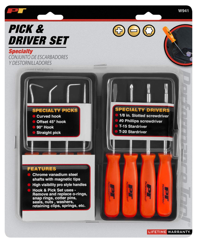 8-Piece Performance Tool W941 Specialty Pick/Driver Set, Precision Pick & Hook Set with Scraper