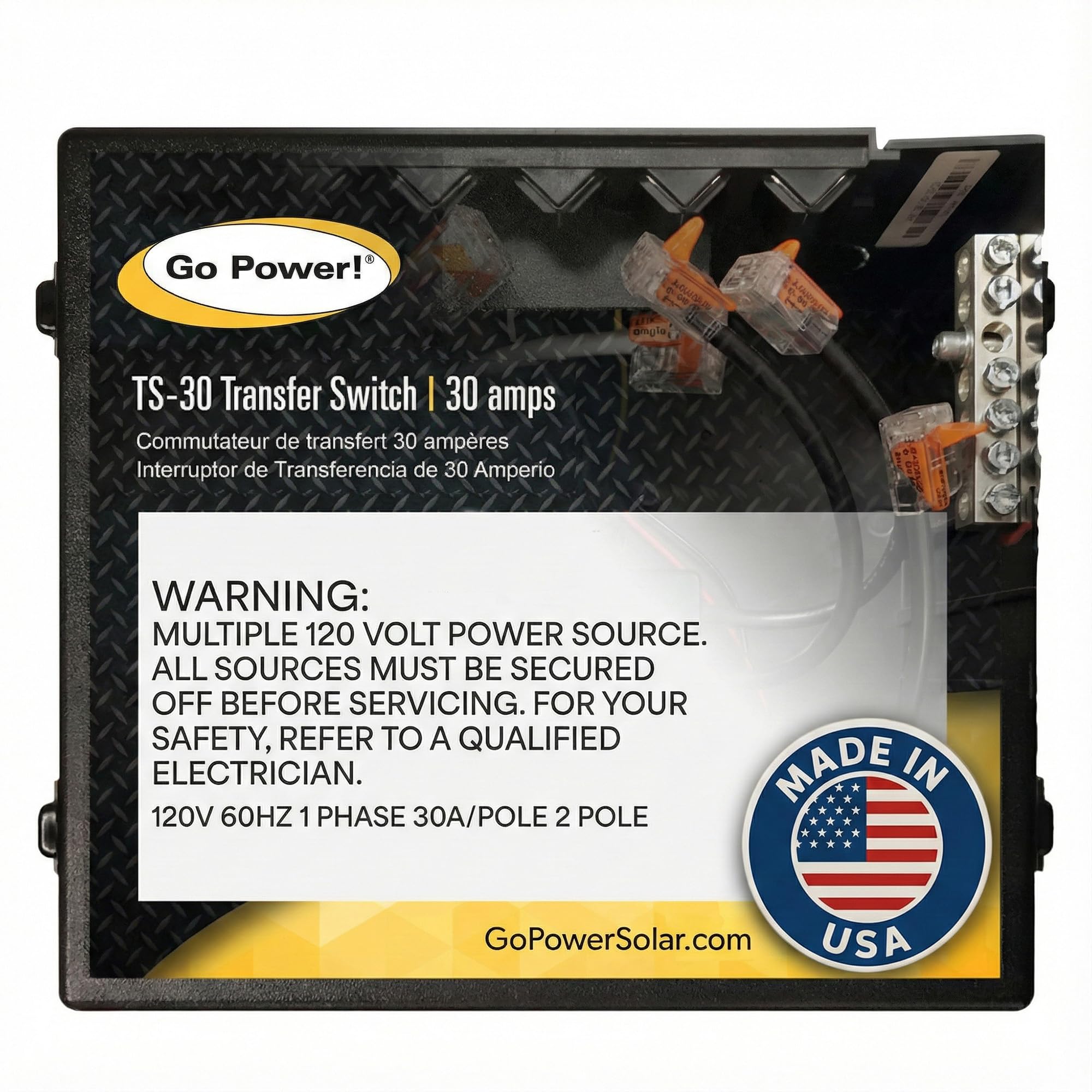 TS-30 Go Power! 30 Amp Automatic Transfer Switch, Dual Source Compatibility, Generator Delay Switch, Easy Installation, Compact Design, Black