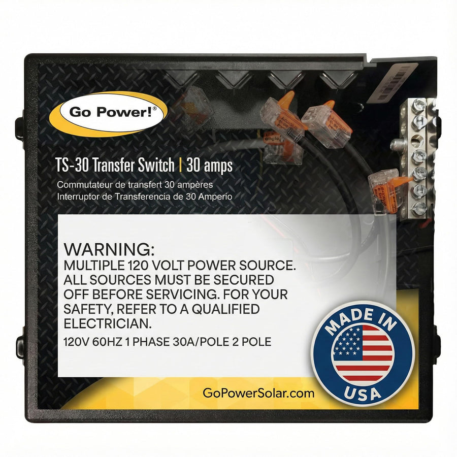 TS-30 Go Power! 30 Amp Automatic Transfer Switch, Dual Source Compatibility, Generator Delay Switch, Easy Installation, Compact Design, Black
