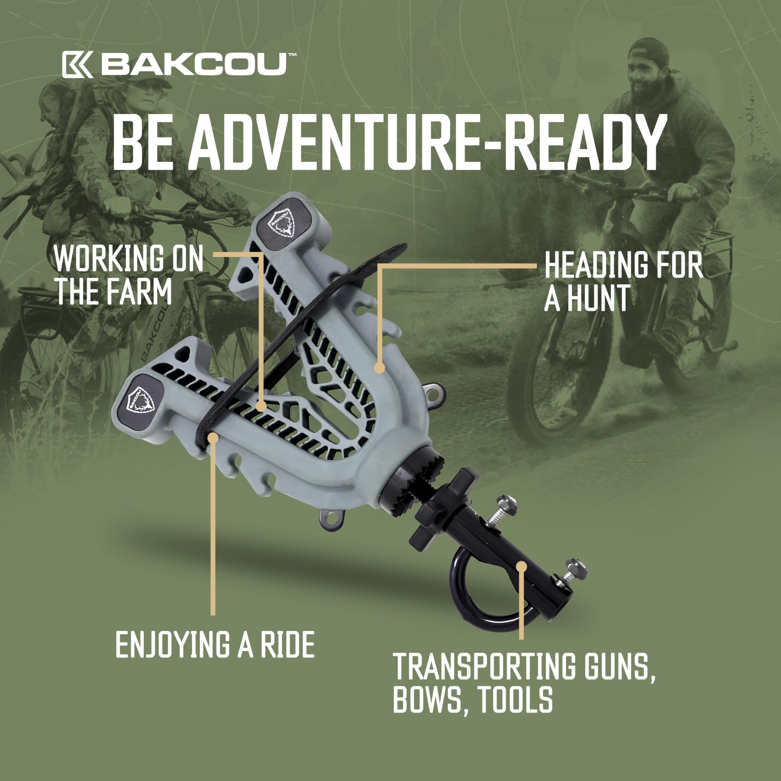 Universal Mount Bakcou Gun-Bow Rack with Variable Fit Technology (VFT) - 360° Rotation, Tool-Free Design, Fits All Bike Handlebars up to 1