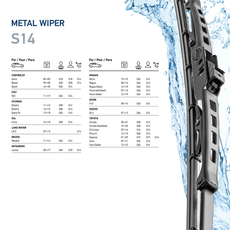 Hella 14 Inch OE Quality All Seasons Streak-Free Rubber Standard Wiper Blade (Single Blade) select fit Chevrolet Fiat Hyundai Kia Land Rover Mazda Mitsubishi / 9XW398114014