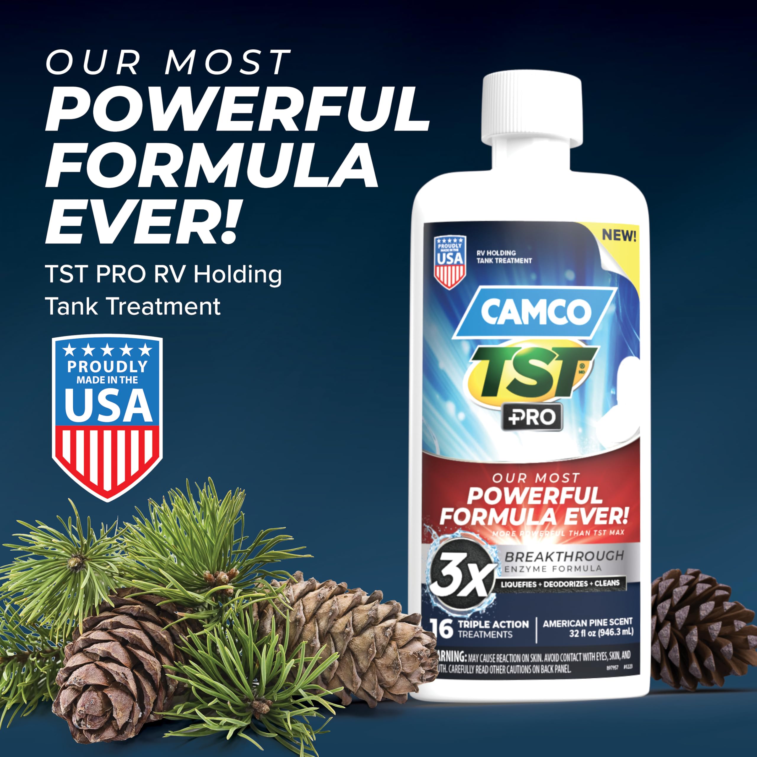 Camco TST PRO Toilet Treatment Camper/RV - Innovative Bio-Enzymatic Formula -Fastest Odor Stopper & RV Sewer Waste Breakdown - RV Black Tank Treatment - Fresh Pine Scent - Septic-Safe, 32-Oz (41771)