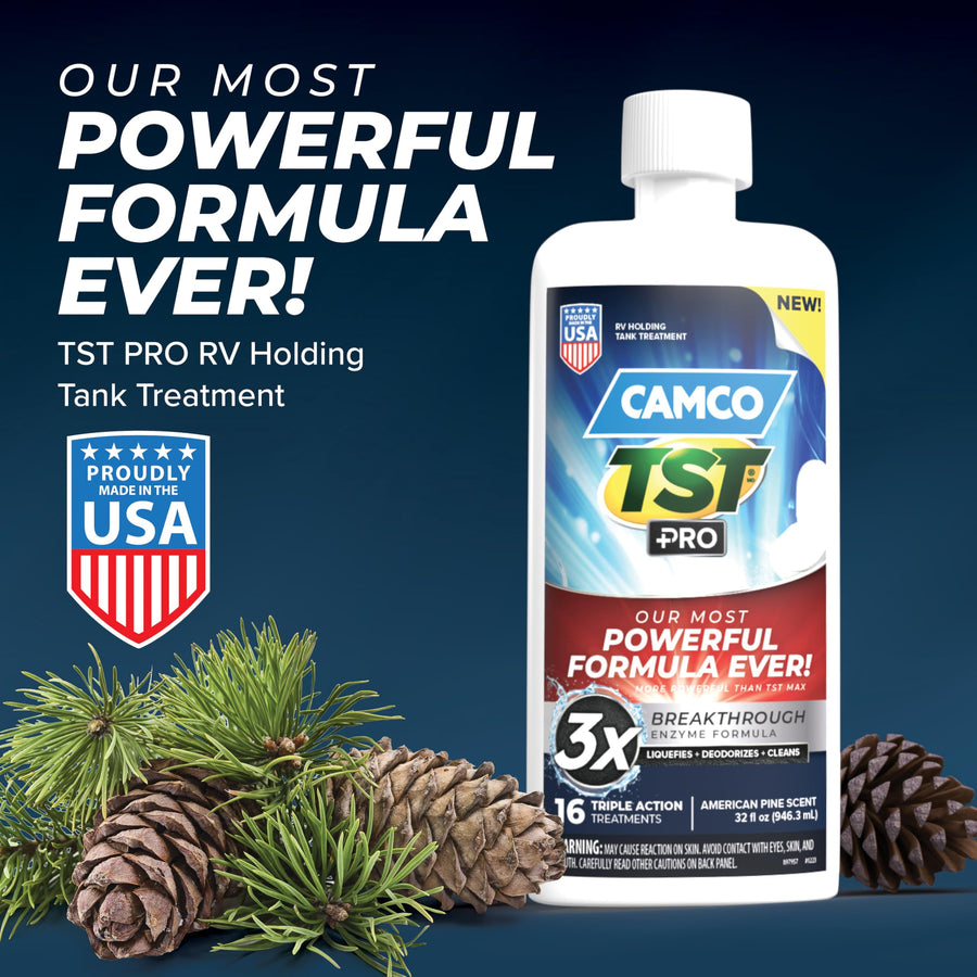 Camco TST PRO Toilet Treatment Camper/RV - Innovative Bio-Enzymatic Formula -Fastest Odor Stopper & RV Sewer Waste Breakdown - RV Black Tank Treatment - Fresh Pine Scent - Septic-Safe, 32-Oz (41771)