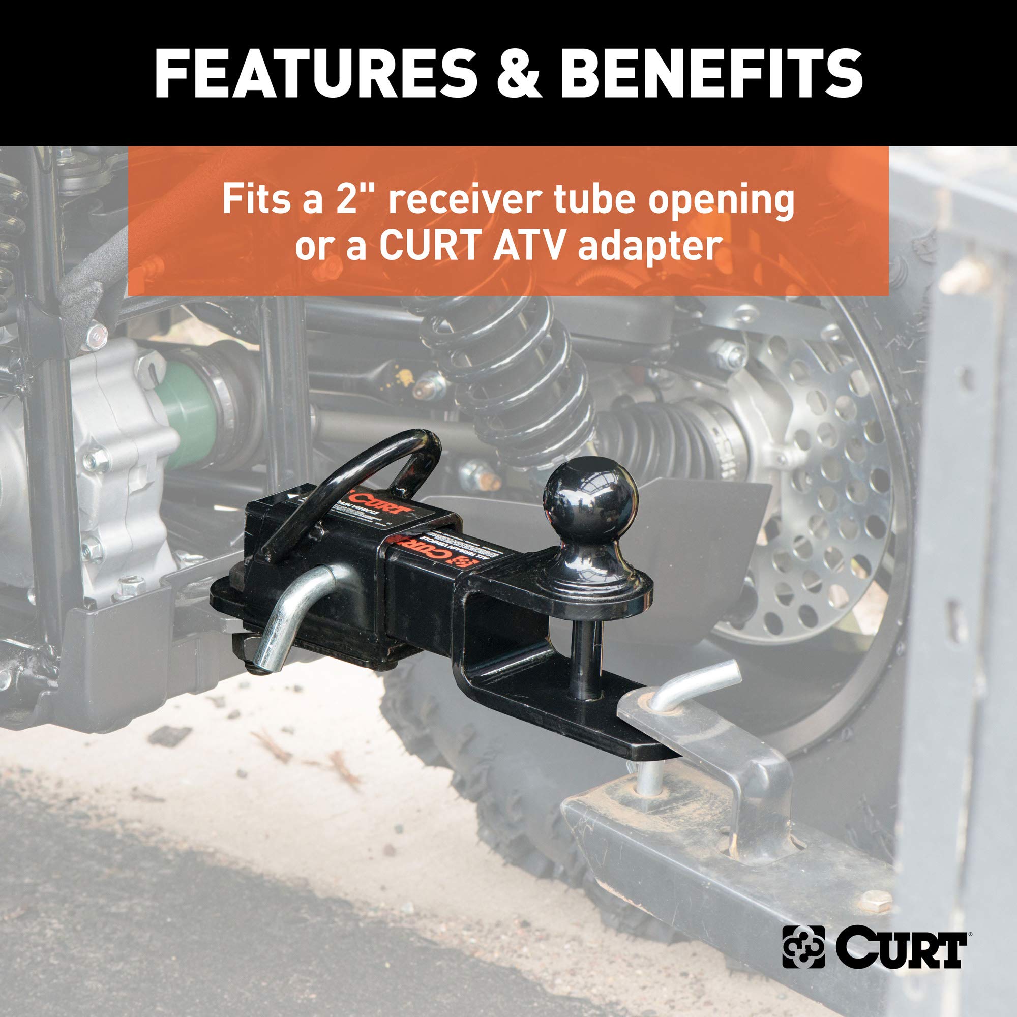 3-in-1 CURT UTV, ATV Trailer Hitch Mount with 2-Inch Receiver Adapter, 1-7/8-Inch Ball, Clevis Pin, 5/8-Inch Hole