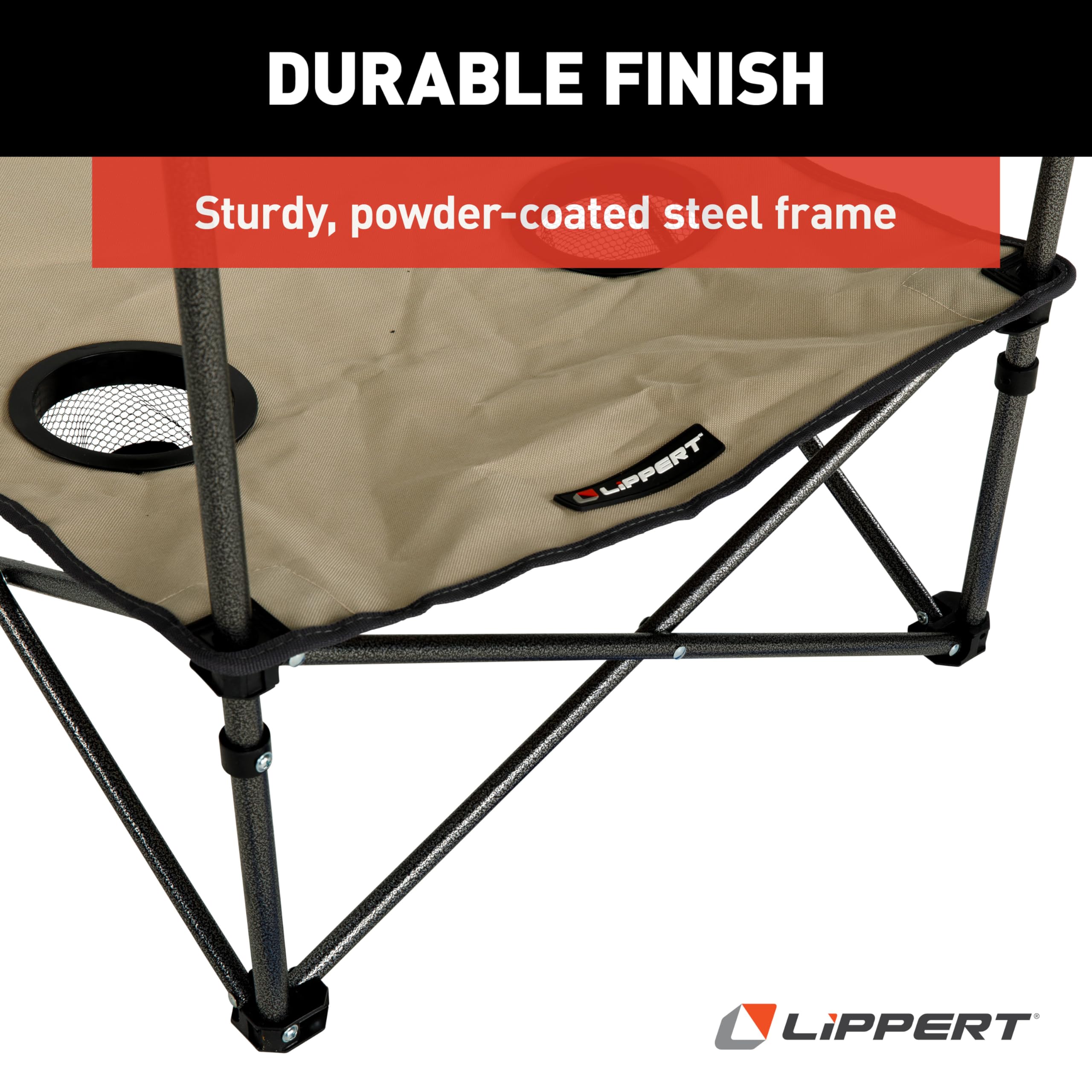 Lippert Two-Tier Sand Folding Camping Table with Dual Cupholders, 600D Polyester Fabric, Powder-Coated Steel Frame, Foldable Design, Lightweight Construction, Zippered Carry Bag - 2023053721