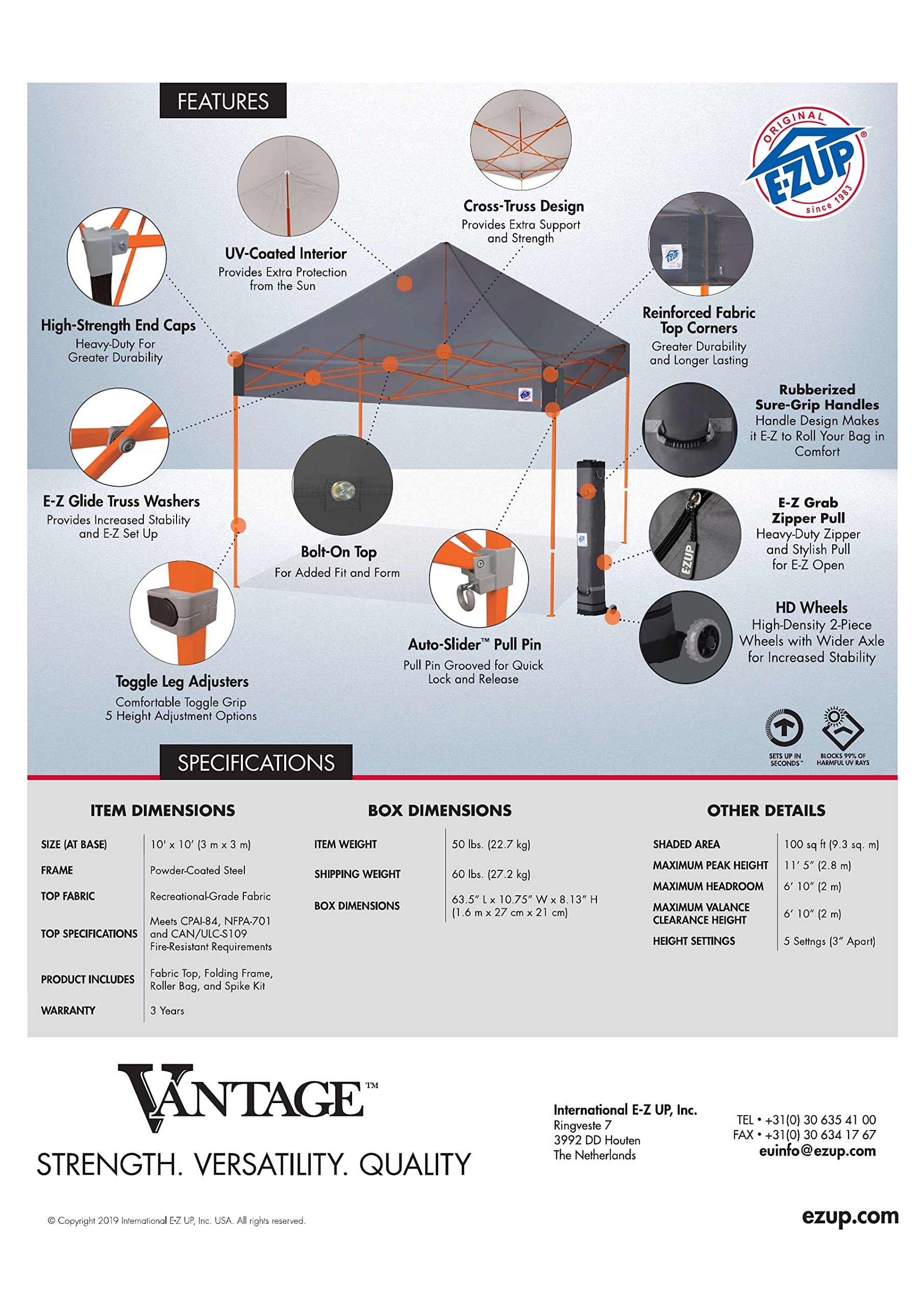 E-Z UP Instant Shelter Vantage Canopy, 10' x 10', Steel Gray Powder-Coated Steel Frame with Wide-Trax Roller Bag & 4 Piece Spike Set, Black