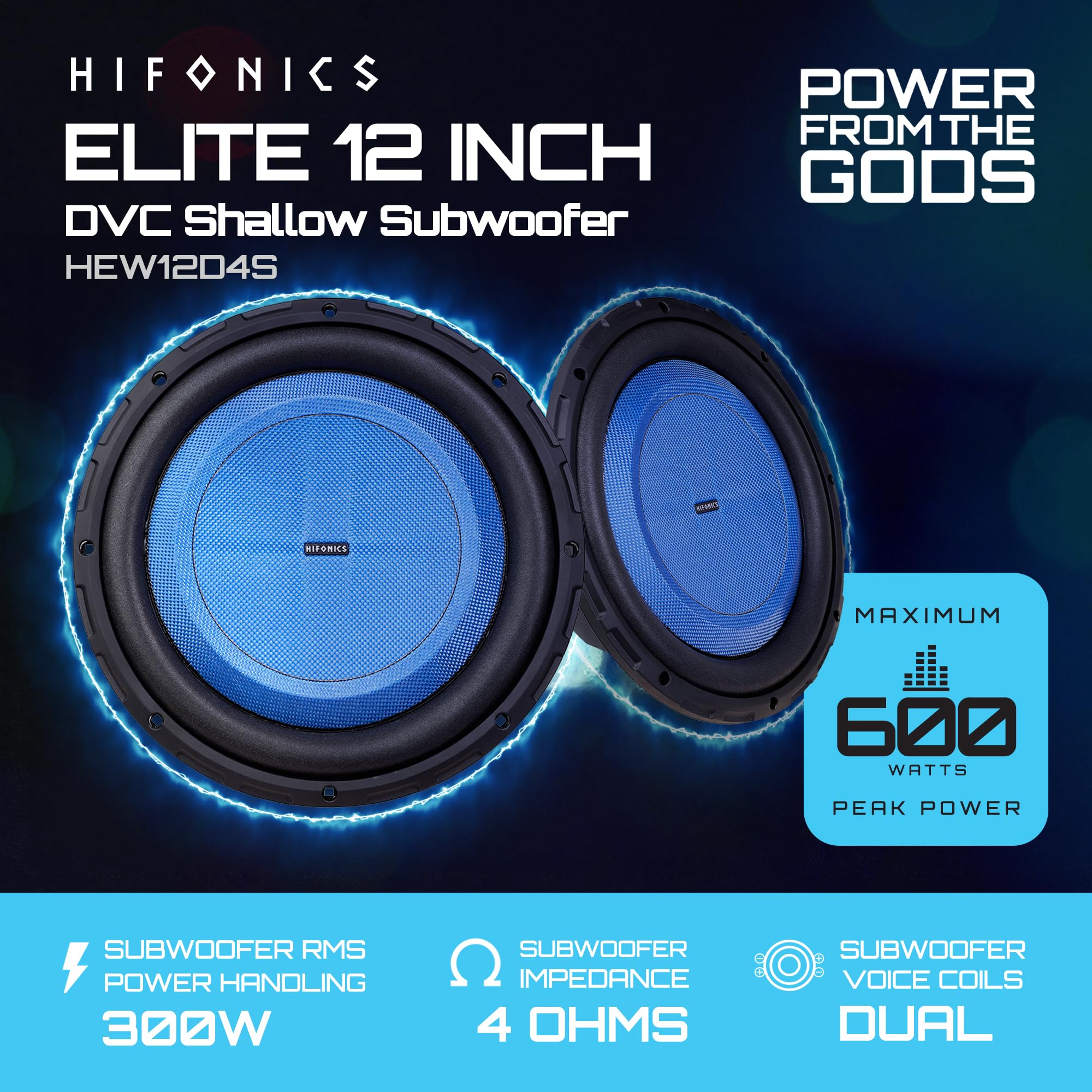 Hifonics 12 Inch Elite Shallow Mount Car Subwoofer, Dual 4 Ohm Voice Coil Speaker 600 Watt Peak Power Mobile Amplifier, Black/Blue