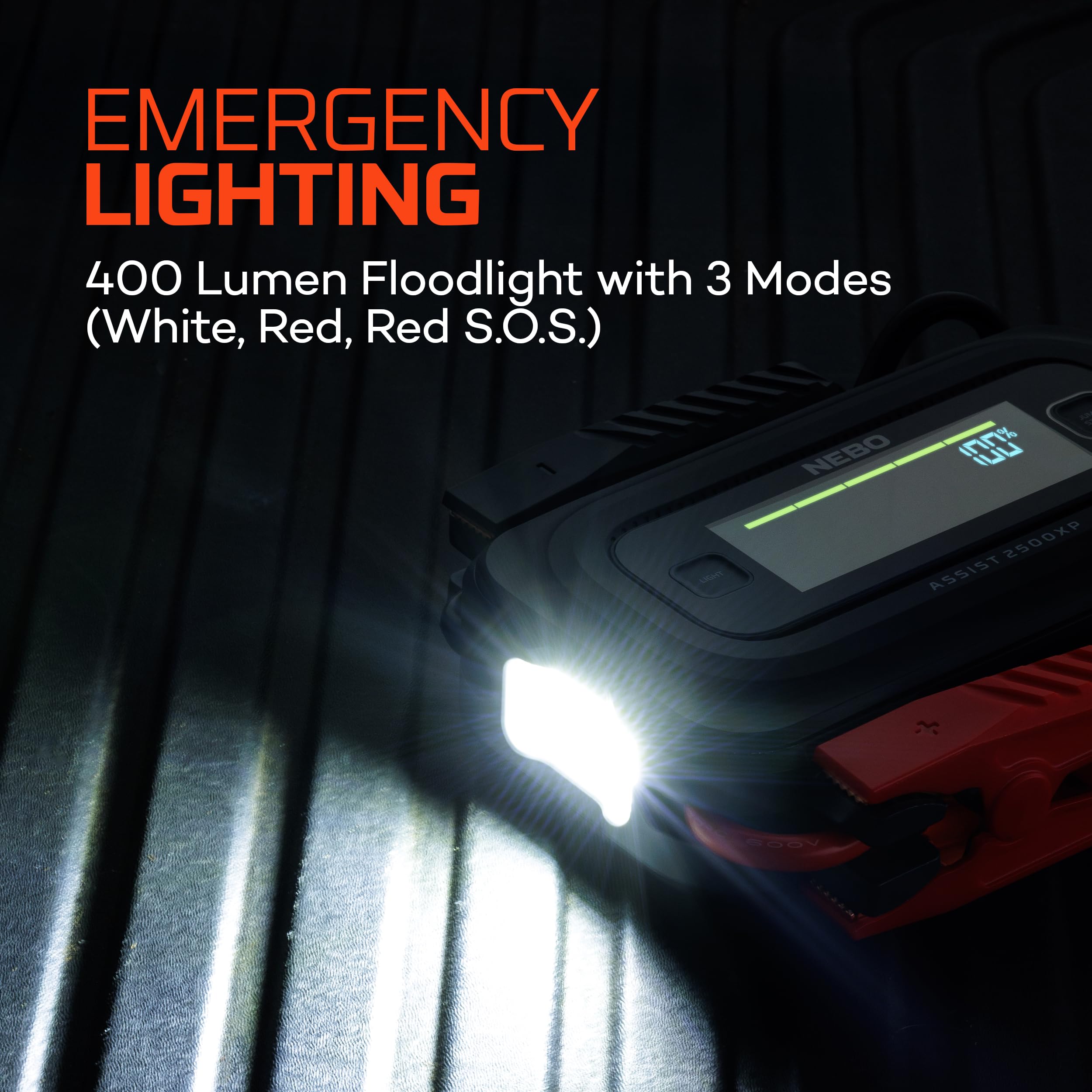 2500XP+ NEBO Assist Jump Starter | 3-in-1 2500 Amps Jump Starter, Charger, Illuminated Floodlight, USB Compatible, Automotive, Emergency, Spark-Proof Safety