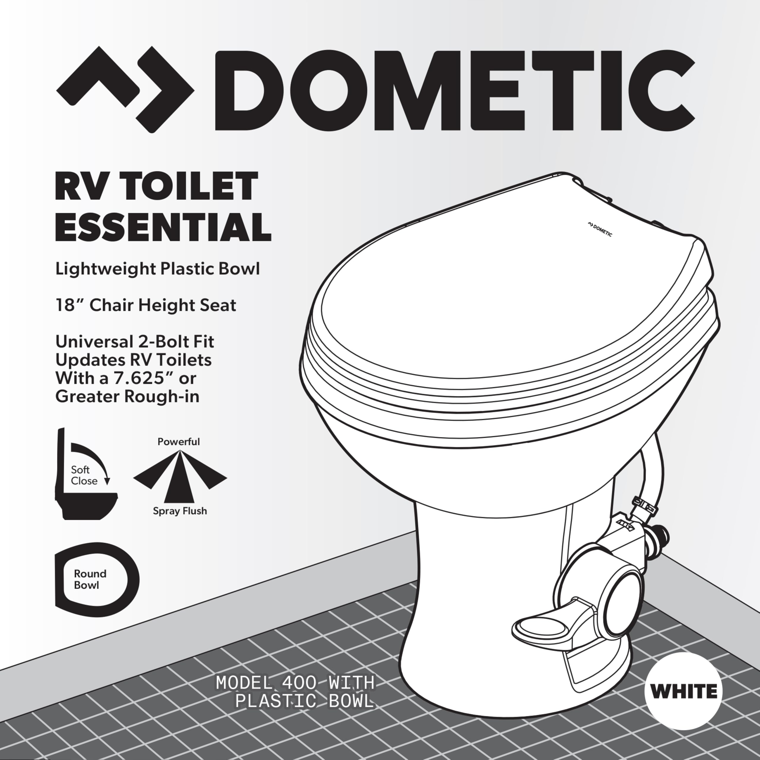 Dometic 400 Model Essential RV Toilet – Round Lightweight Plastic Bowl, Universal Fit & 2-Bolt Mount, 18" Chair Height Residential Style, Gravity Flush Toilet with Soft-Close Seat, White (9610008275)
