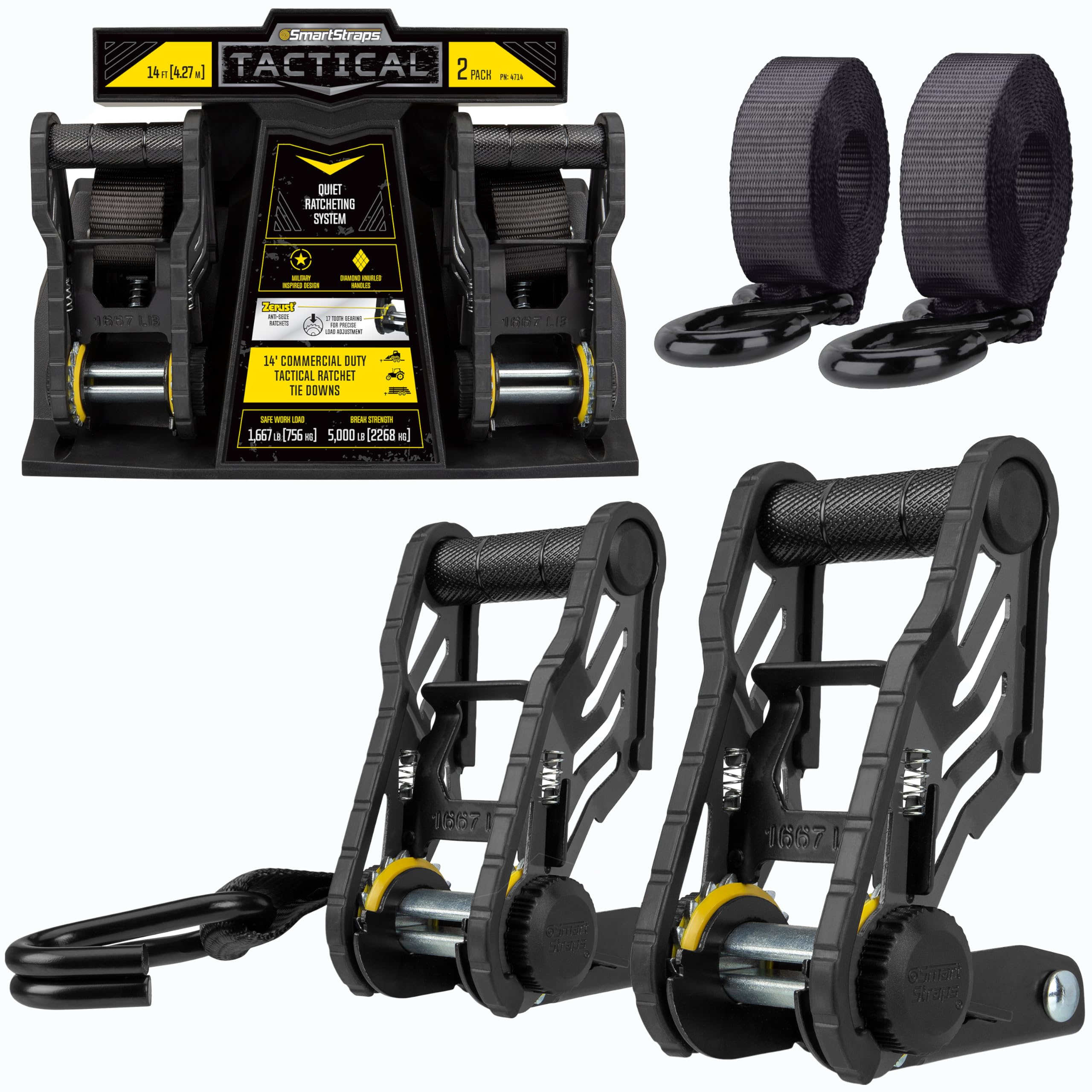 14-Foot SmartStraps Ratchet Tie Down Straps 2-Pack, Tactical Handle, ZeRust Technology, 1,667 lb Safe Work Load, 5,000 lb Break Strength
