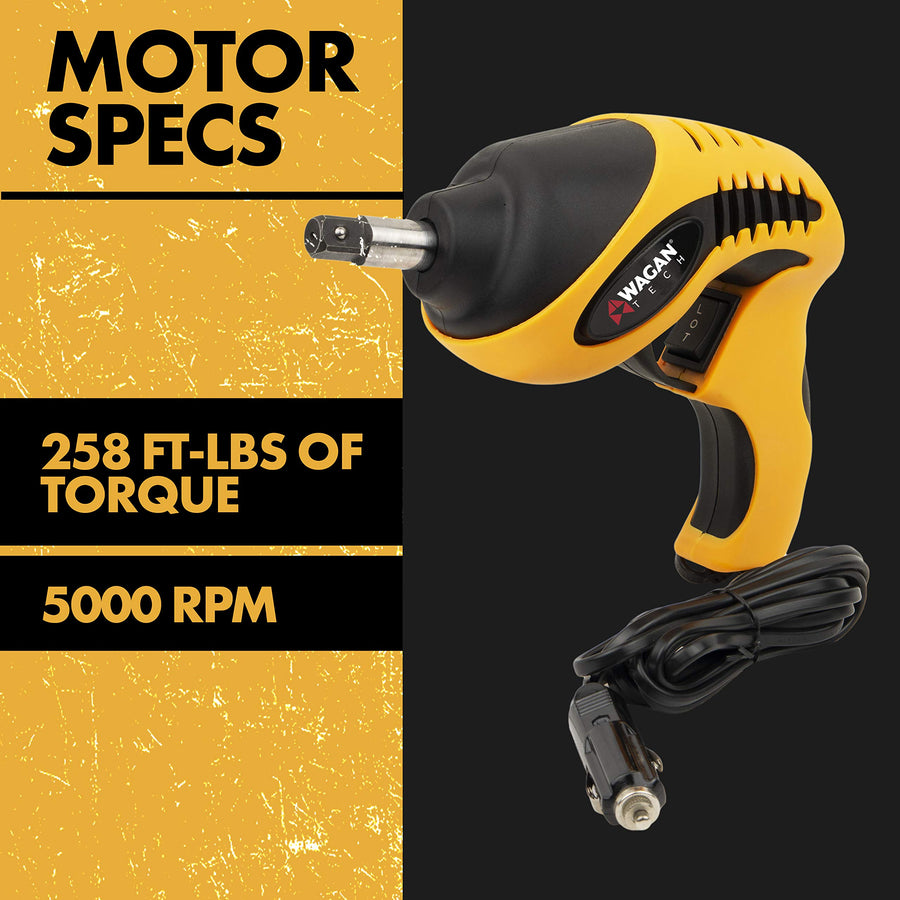 12V Wagan EL2288 Roadside Impact Wrench, 1/2 inch Drive, 258 ft-lbs Torque Power, Tire Repair Tools with Sockets and Carry Case