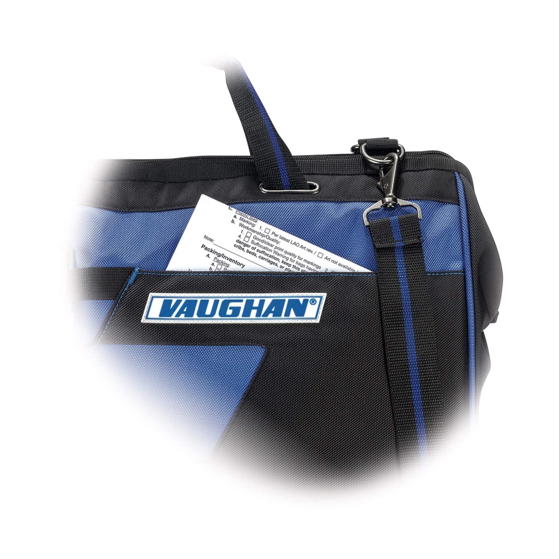 20 inch Vaughan Heavy Duty Wide Mouth Tool Bag 1680 Denier Polyester, 12 Pockets, 13 Tool Loops, Molded EVA Bottom, Carry Handles, Shoulder Strap, Carabiner Clip, 20 in. x 13 in. x 9 in. - 240158