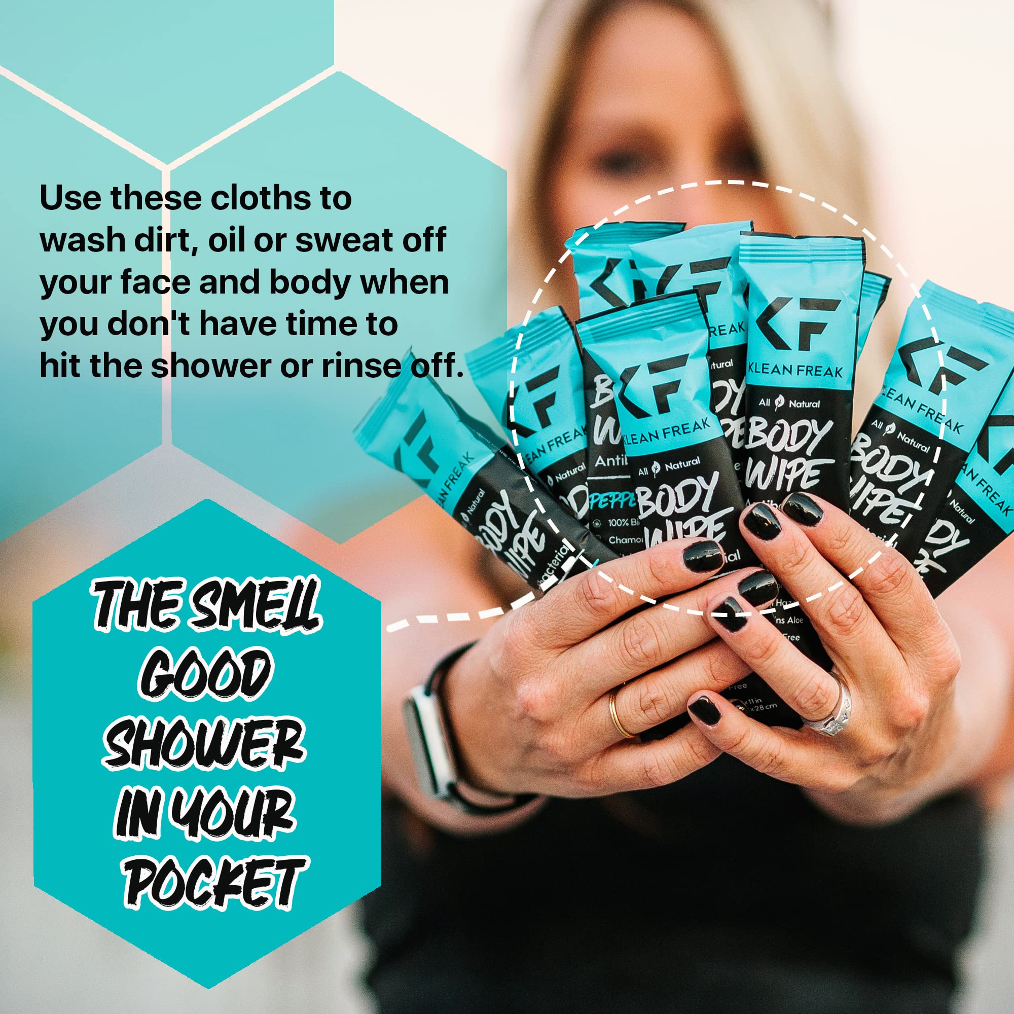 The Body Wipes Klean Freak - 12 count Individually Wrapped | Showerless Body Wipe for Women & Men | Sustainable Bodywipes for Gym, Travel, Camping | Peppermint