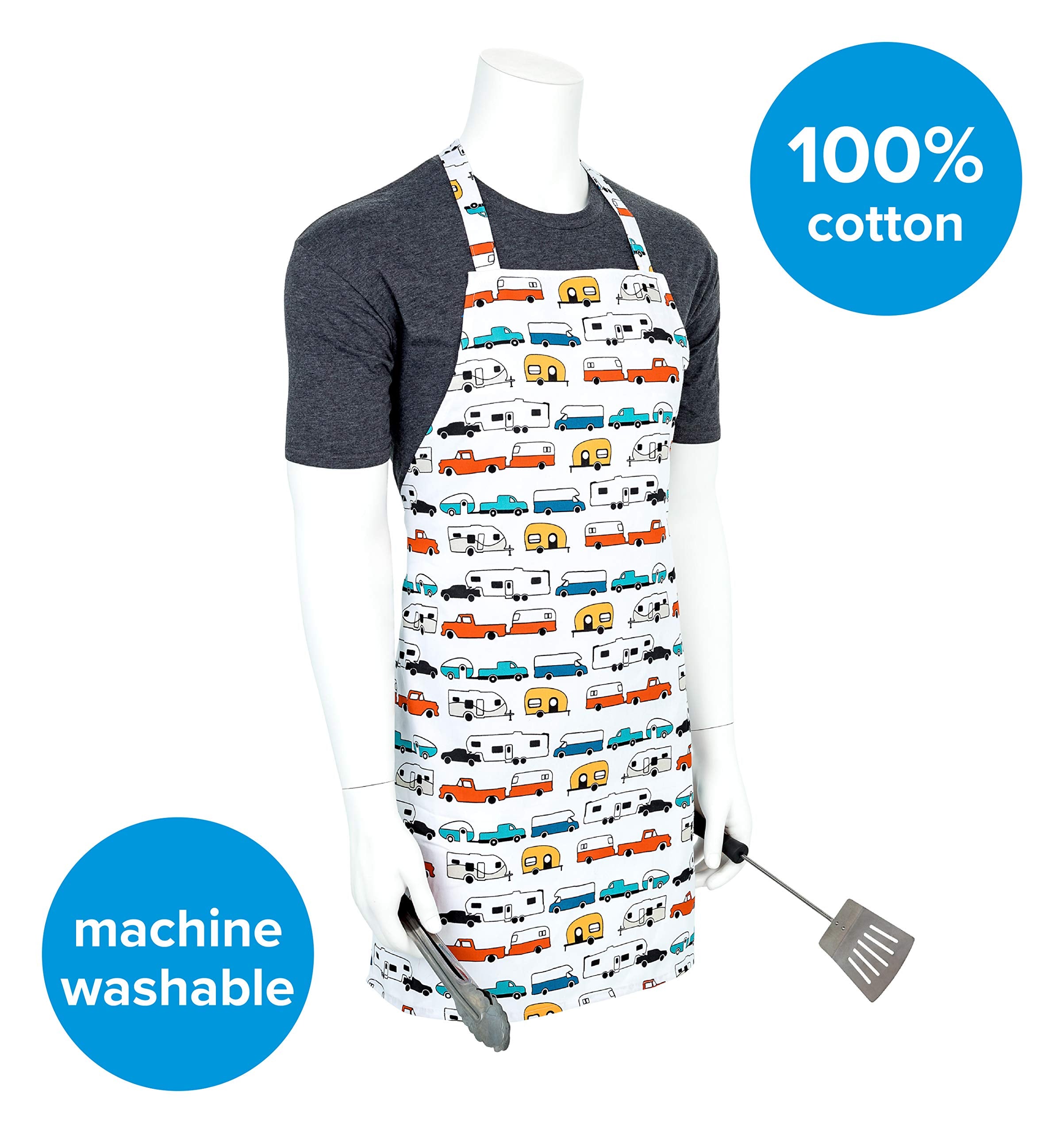Adjustable Apron-Multi Color Retro RV Pattern, Camco Life is Better at The Campsite for Baking Cooking and Grilling (53257)