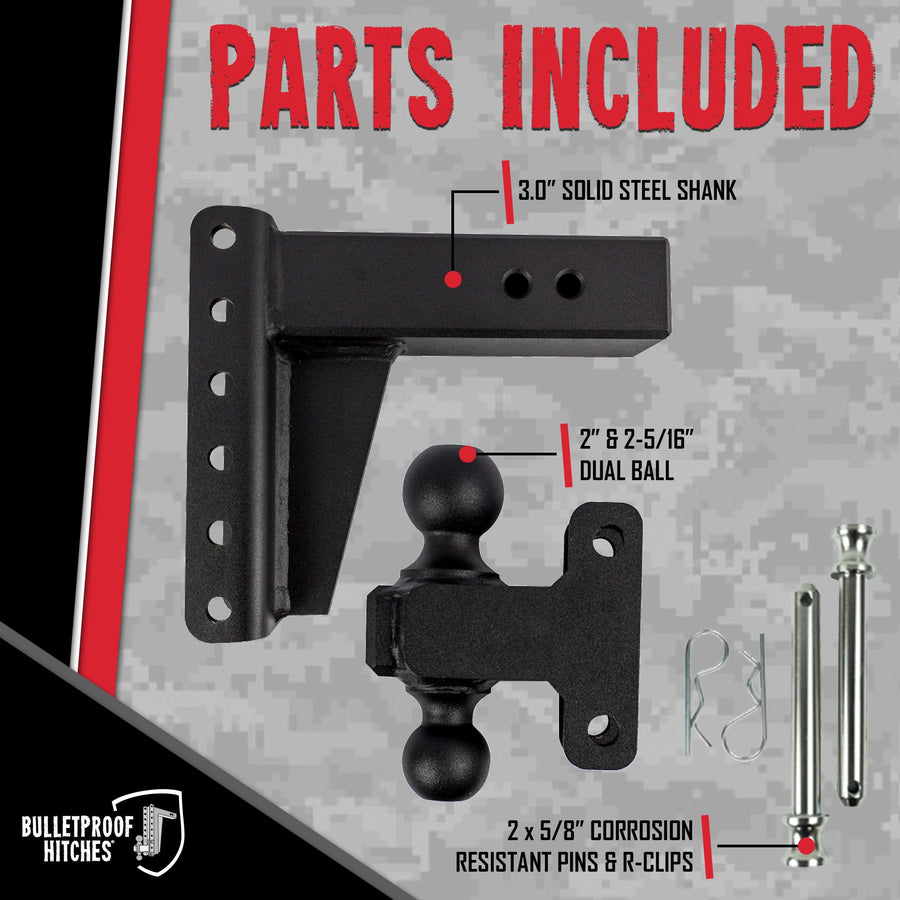 3.0" Adjustable Heavy Duty Trailer Hitch - BulletProof Hitches (22,000 lb. Rating) - 6" Drop/Rise Trailer Hitch with 2" & 2-5/16" Dual Ball - Powder Coat, Solid Steel, Corrosion-Resistant