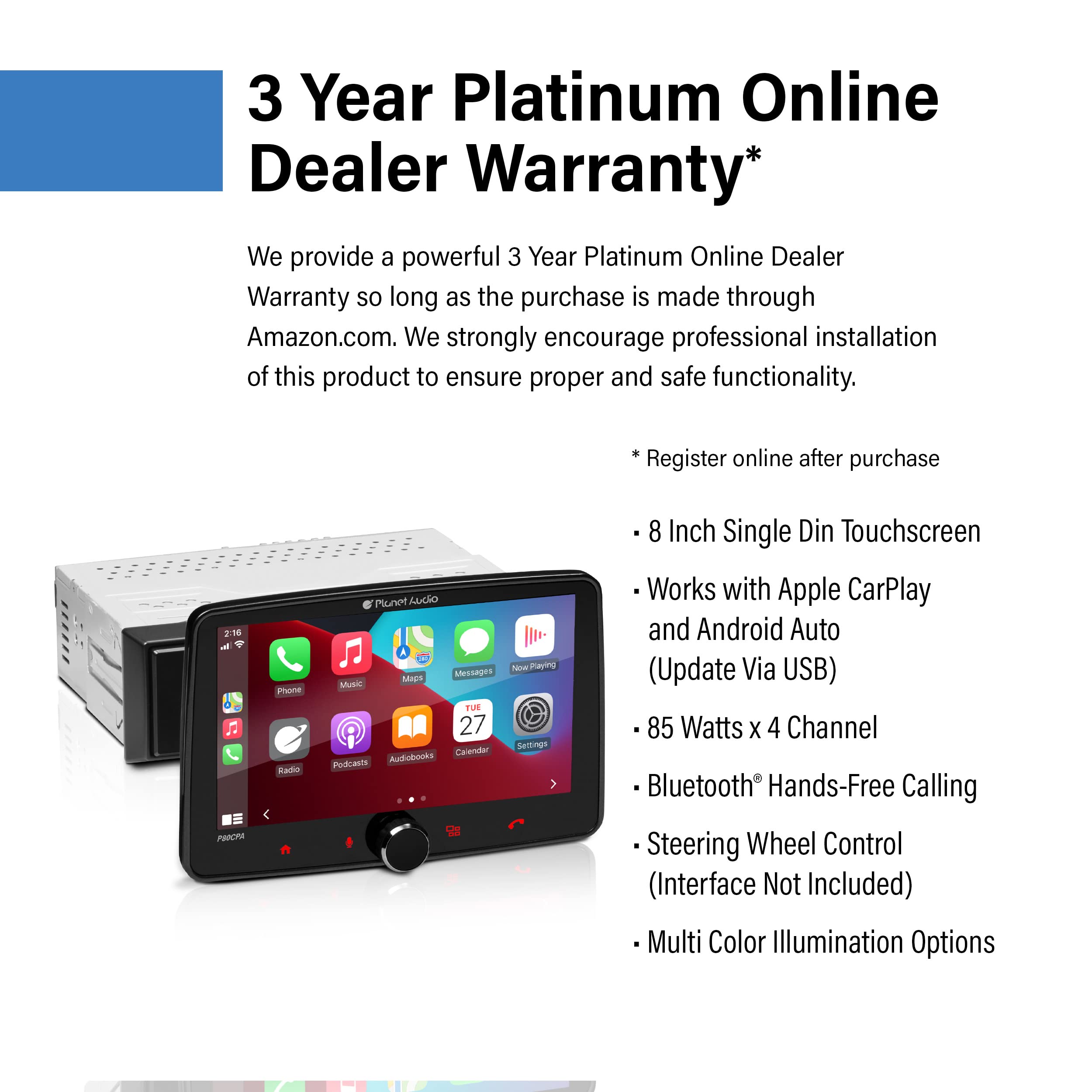 Car Stereo System Planet Audio P80CPAC, Apple CarPlay, Android Auto - Single Din, 8 Inch Touchscreen, Bluetooth Audio and Calling Head Unit, AM/FM Radio Receiver, No CD Player, USB, Hook to Amplifier